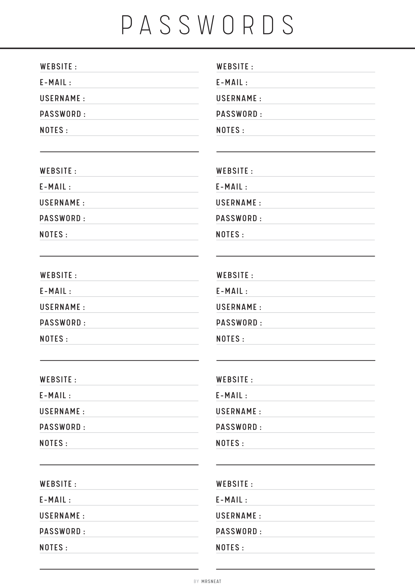 Blank password list template with columns for website, email, username, password, and notes.