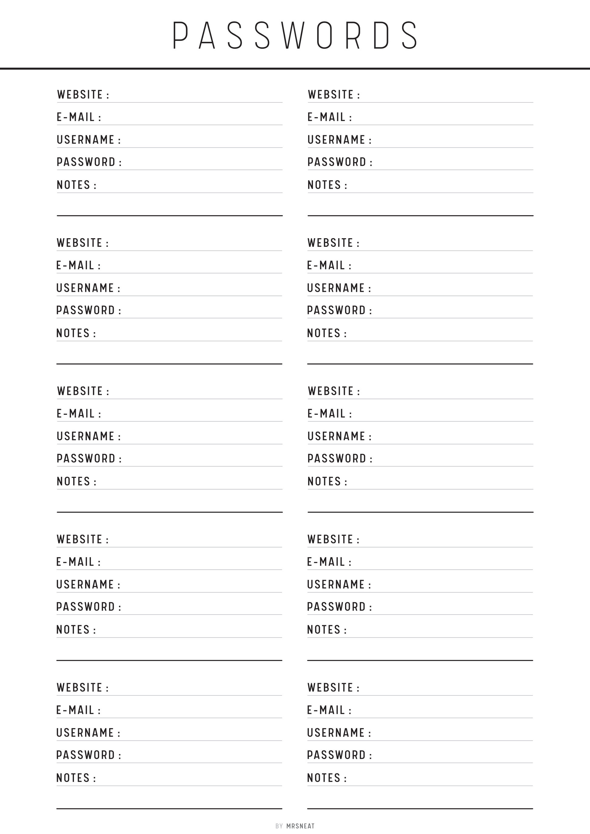 Blank password list template with columns for website, email, username, password, and notes.