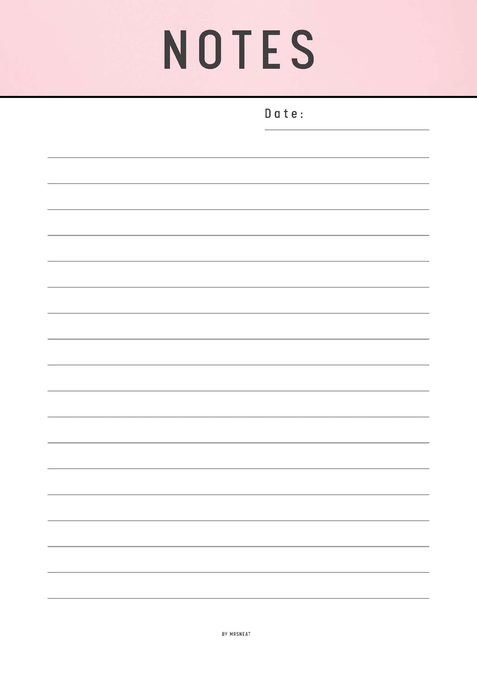 Notebook page with 'NOTES' at the top and lined paper below on a pink background.