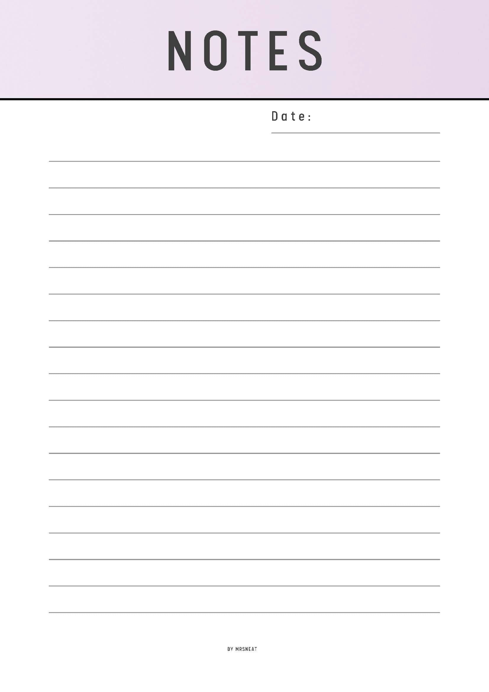 Notebook page with 'NOTES' at the top and lined paper below on a light purple background.
