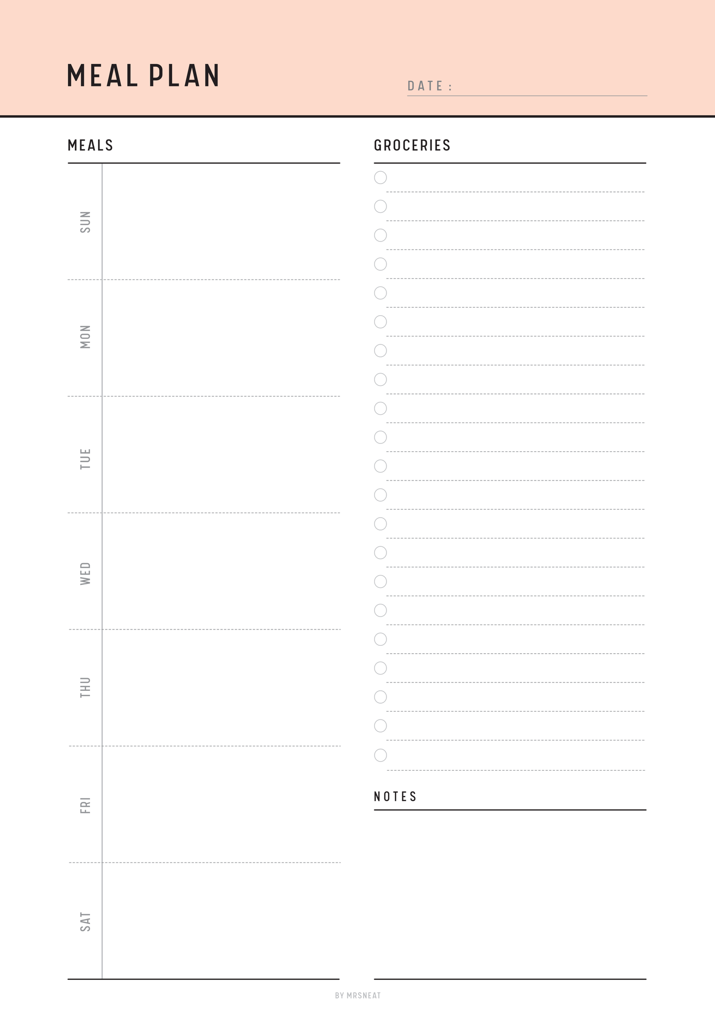Meal plan and grocery list template with a peach top bar and black text on a white background.