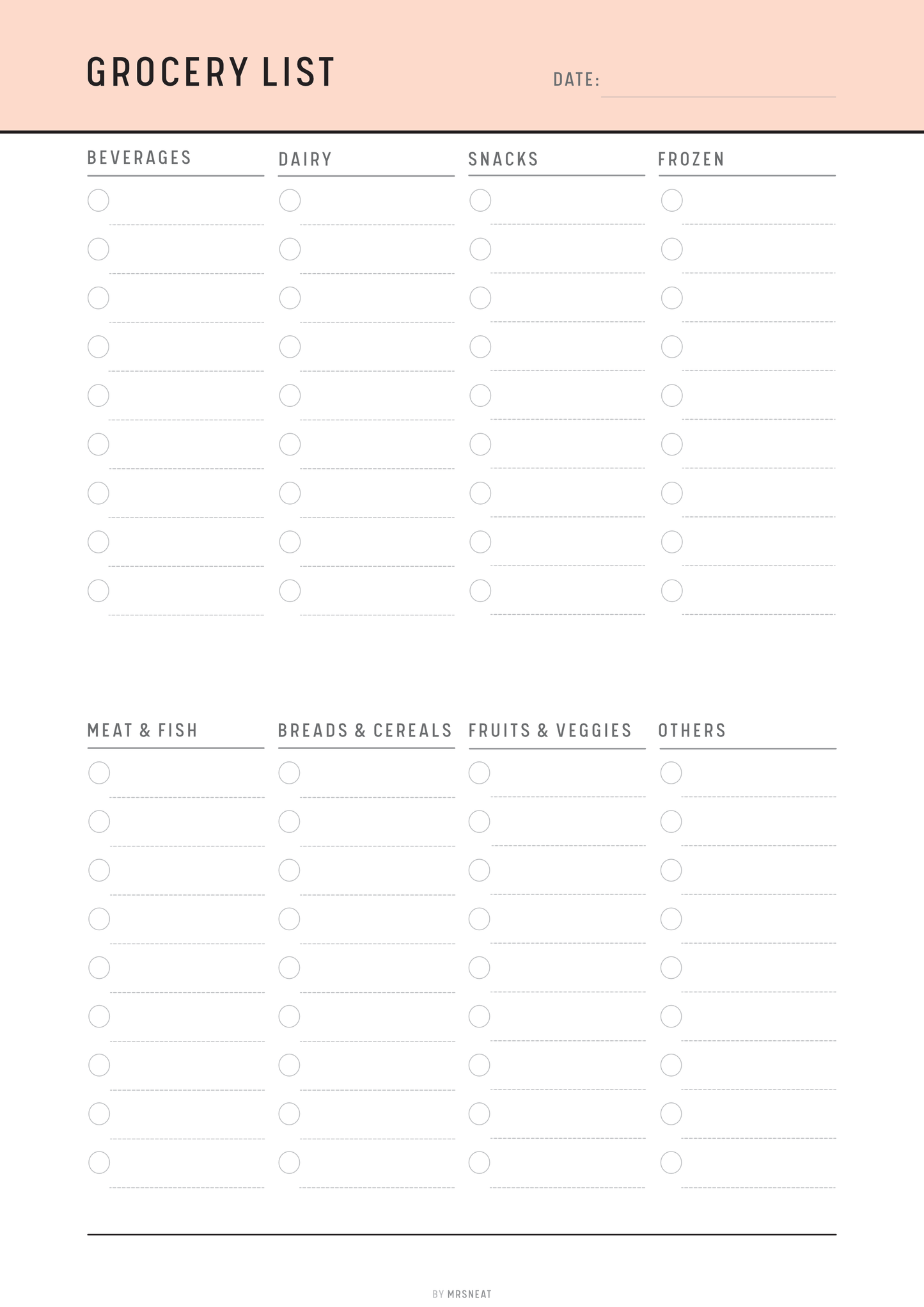 Blank grocery list template with categories on a white background