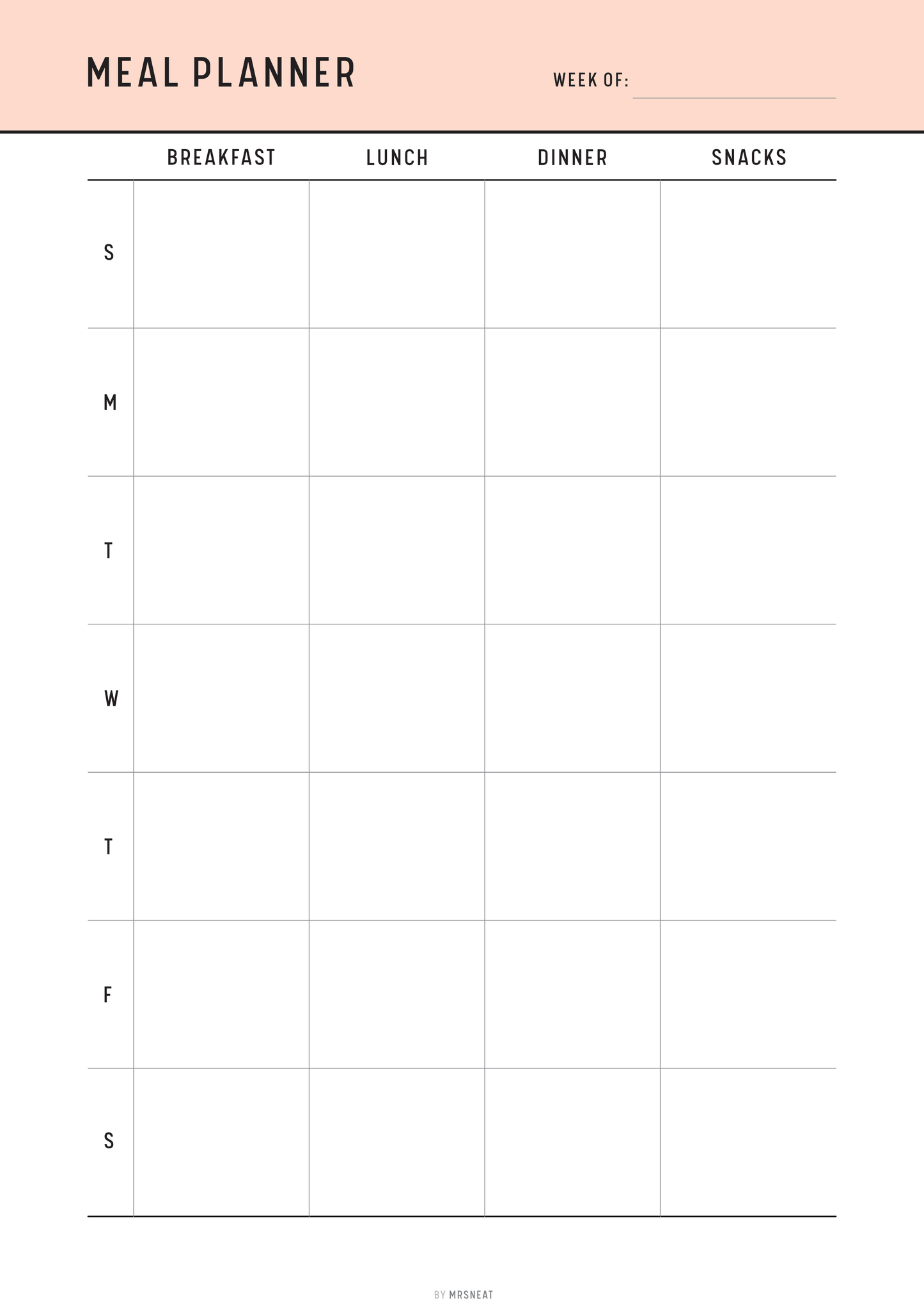 Meal planner template with days of the week and meal categories on a white background and peach on top