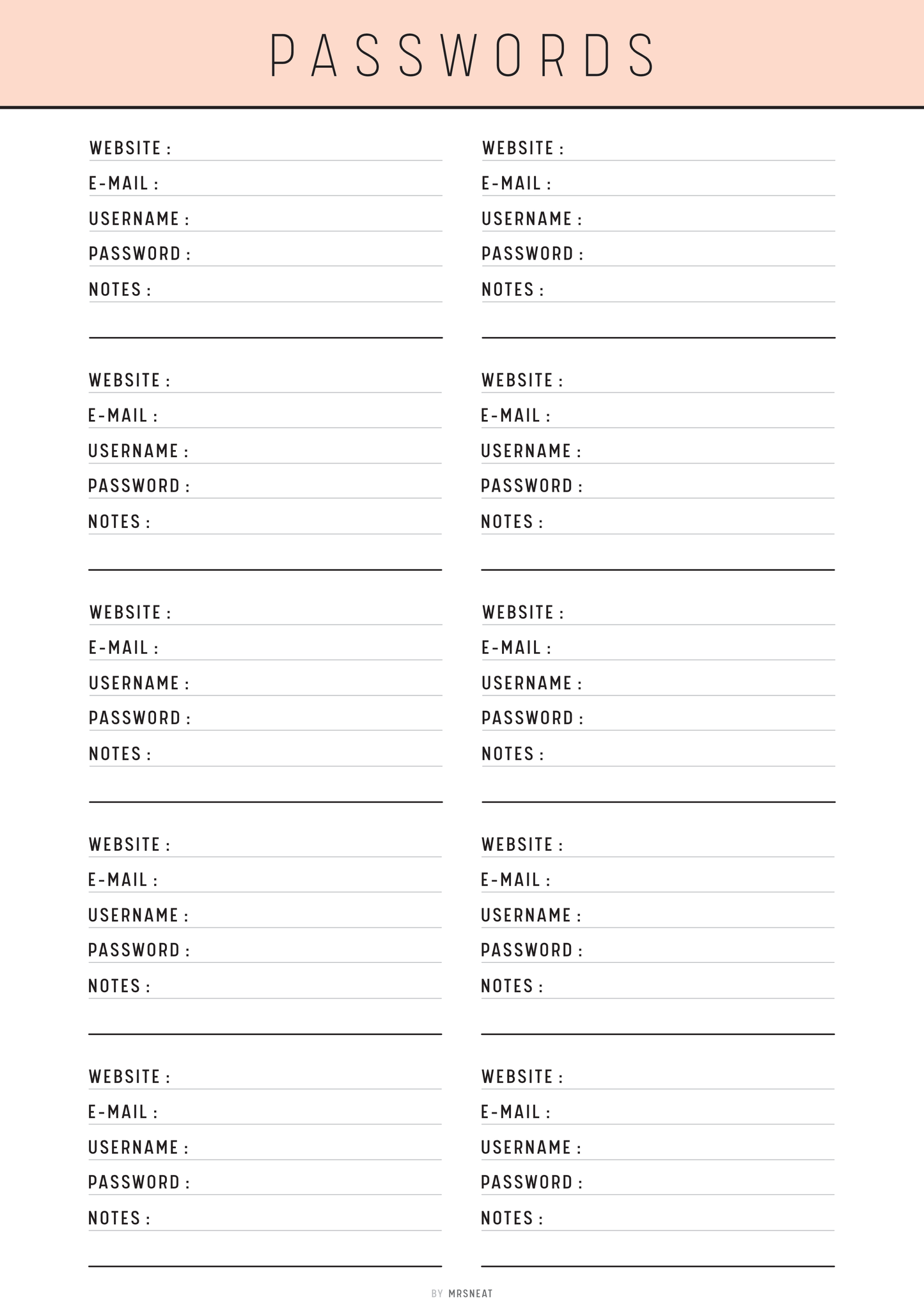 Password management sheet with columns for website, email, username, password, and notes.