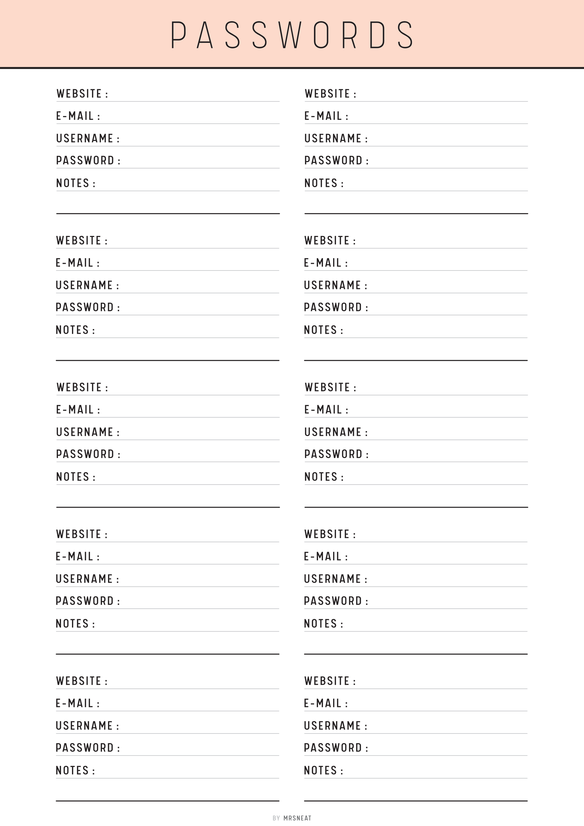 Password management sheet with columns for website, email, username, password, and notes.
