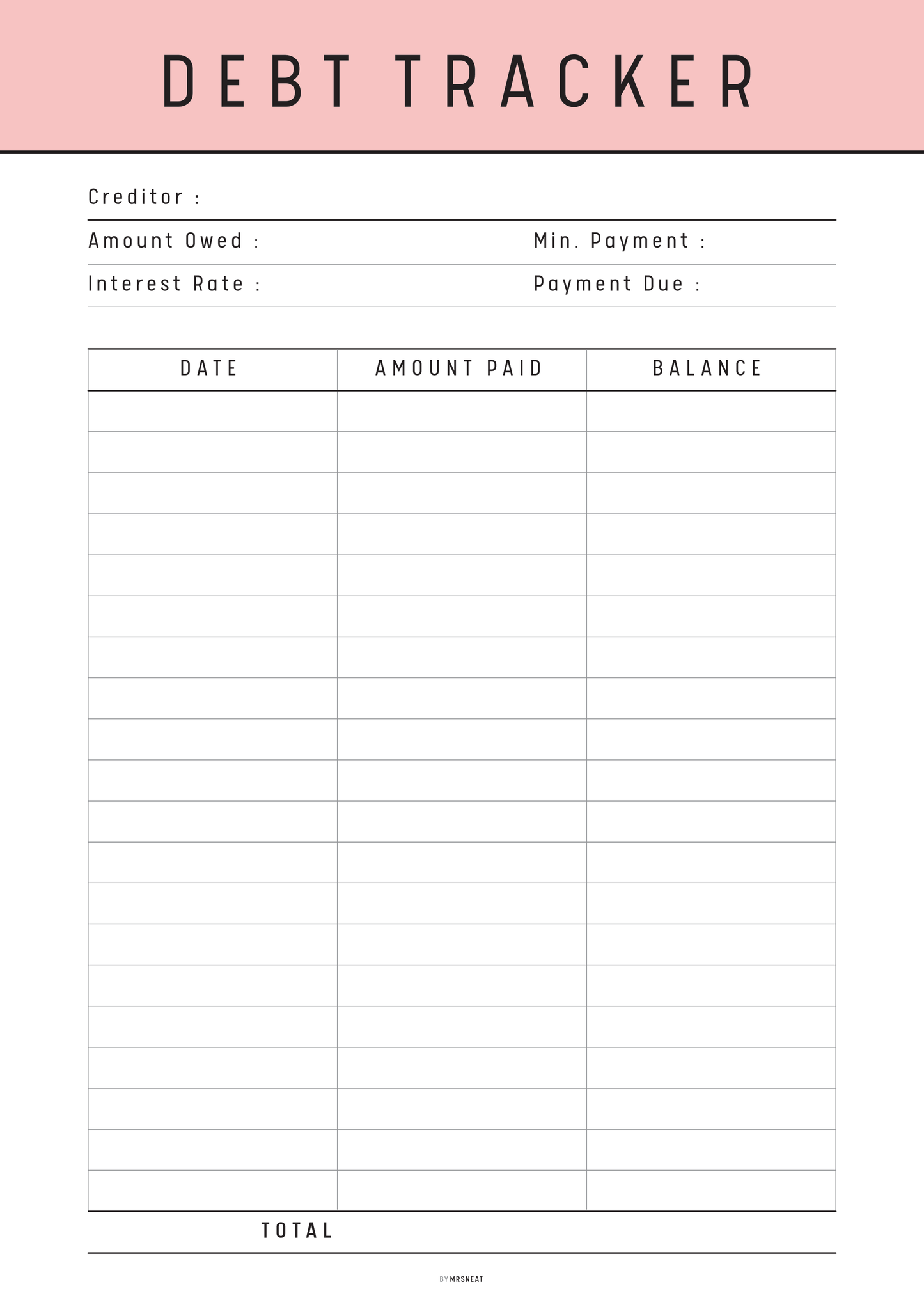 Debt tracker sheet with columns for creditor, amount owed, interest rate, min. payment, payment due, date, amount paid, and balance.