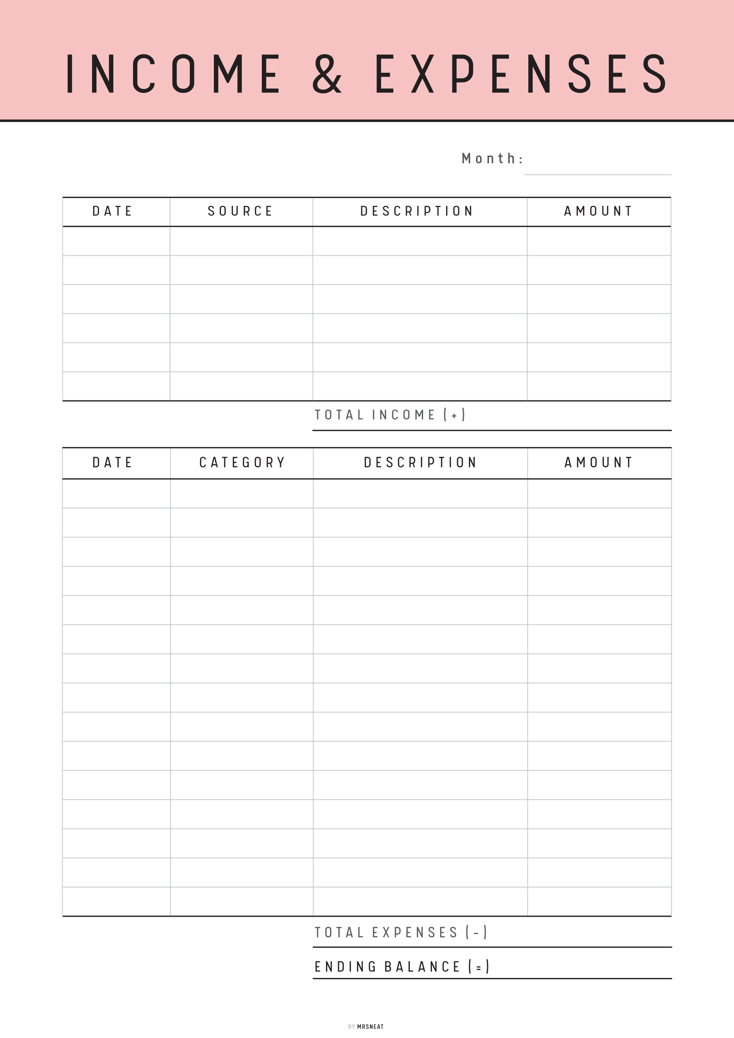 Income and expenses tracker with a pink header