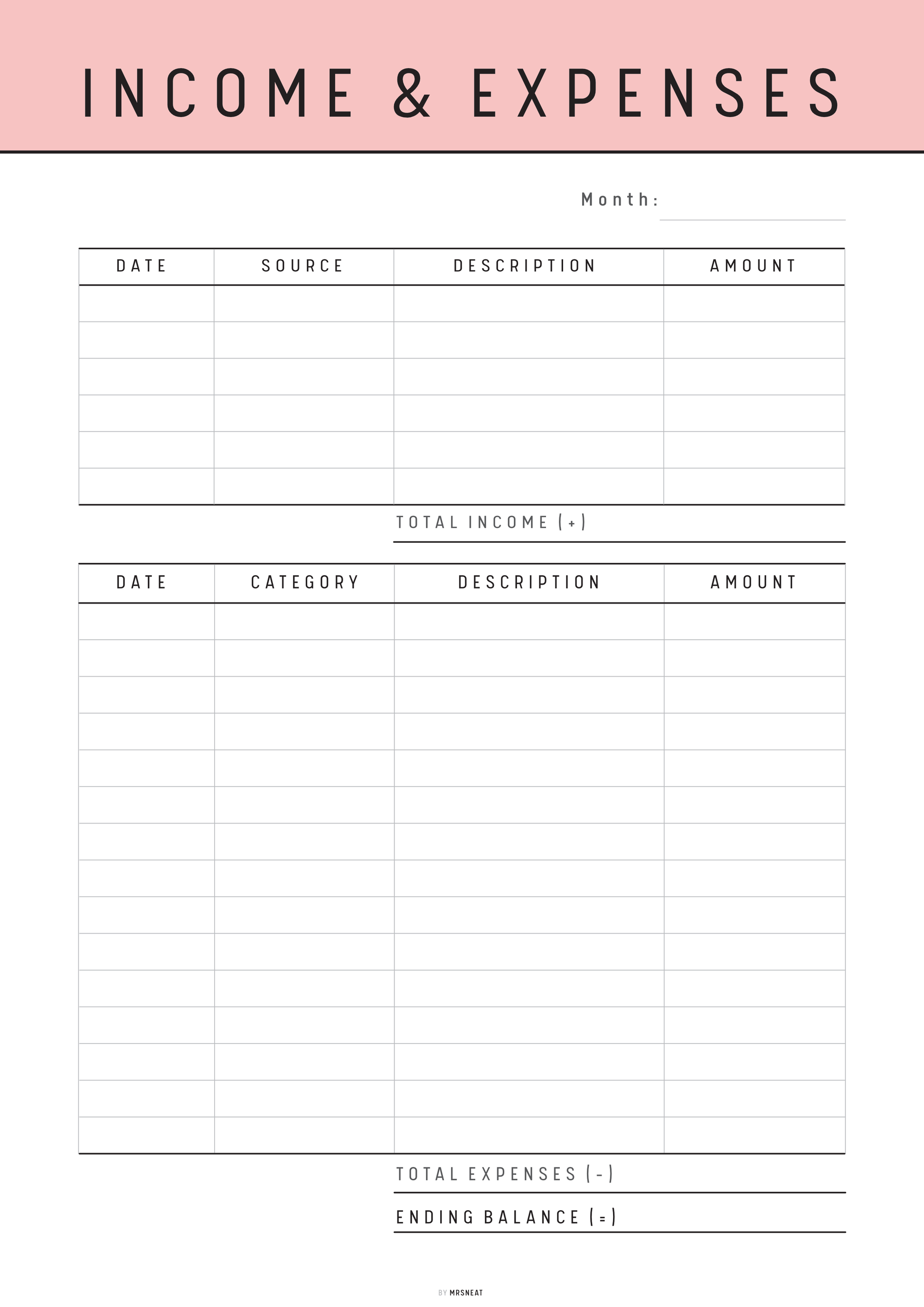 Income and expenses tracker with a pink header