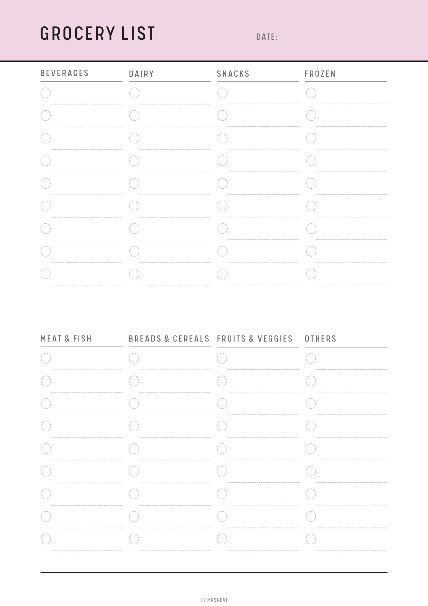 Blank grocery list template with categories on a pink background