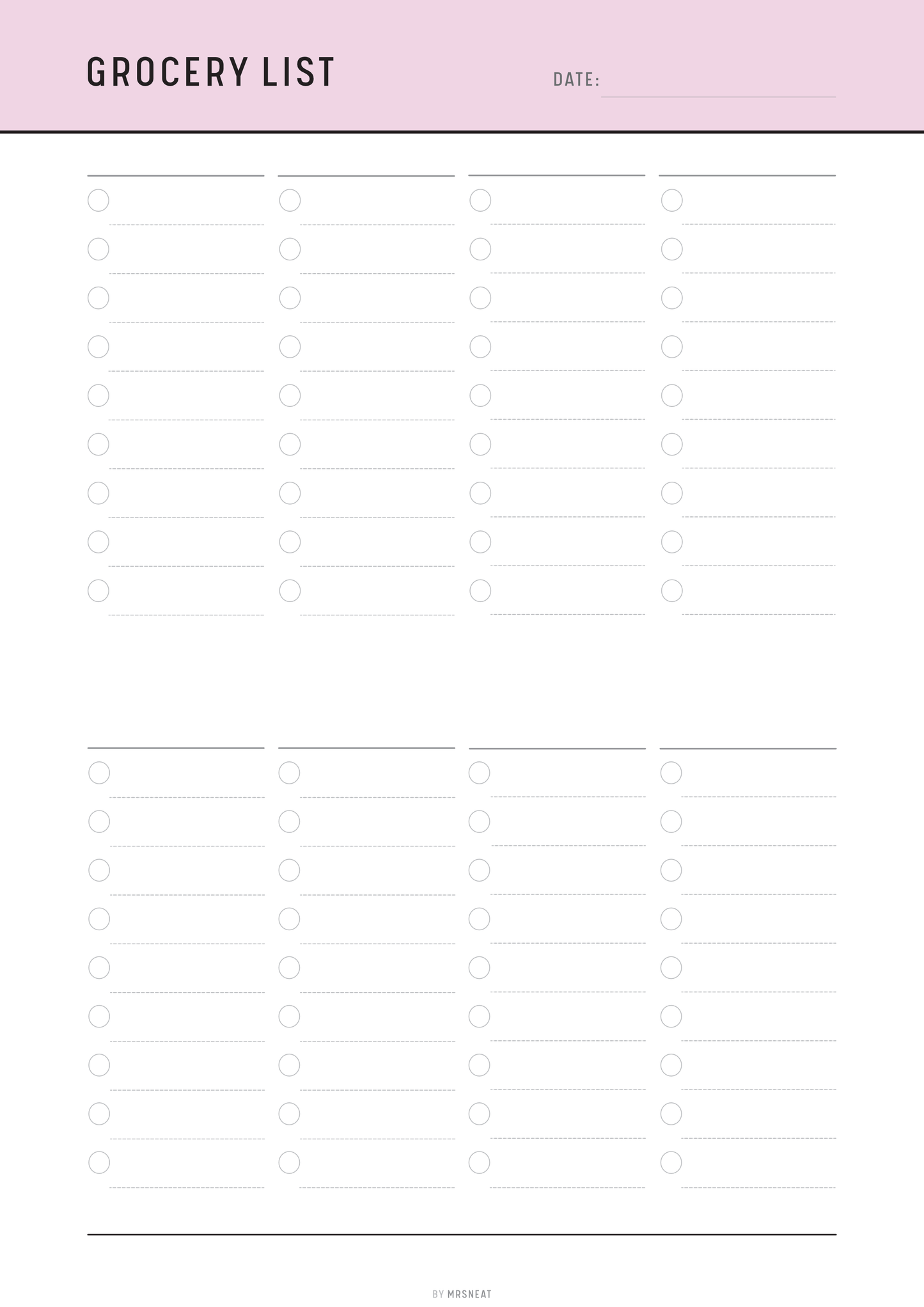Blank grocery list template with a pink header on a white background