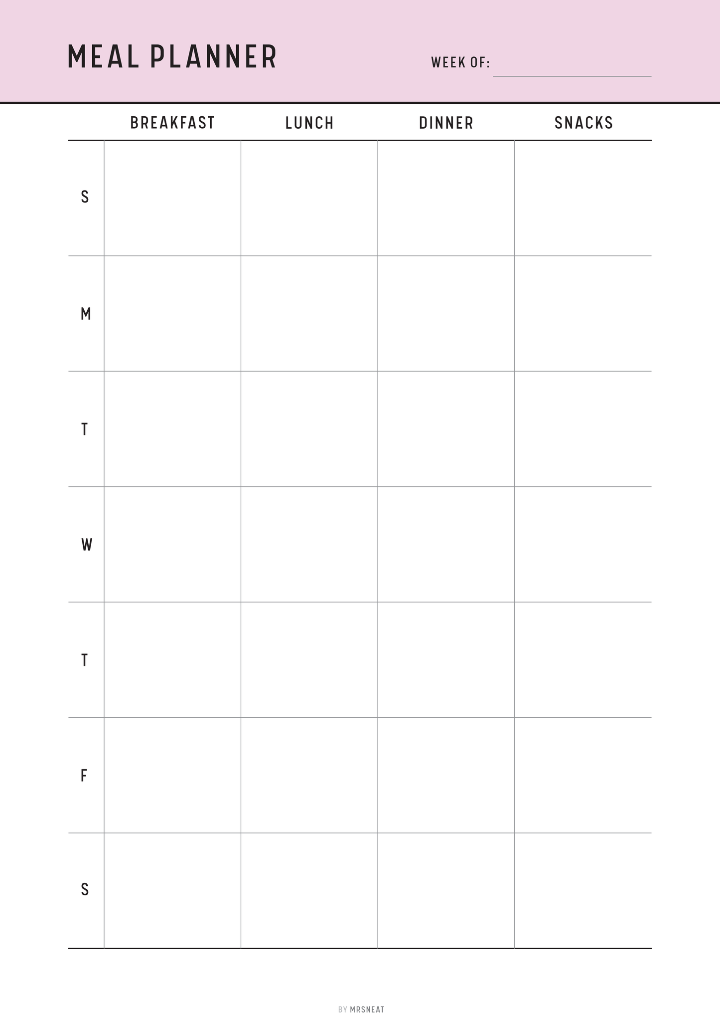 Meal planner template with days of the week and meal categories on a pink top background