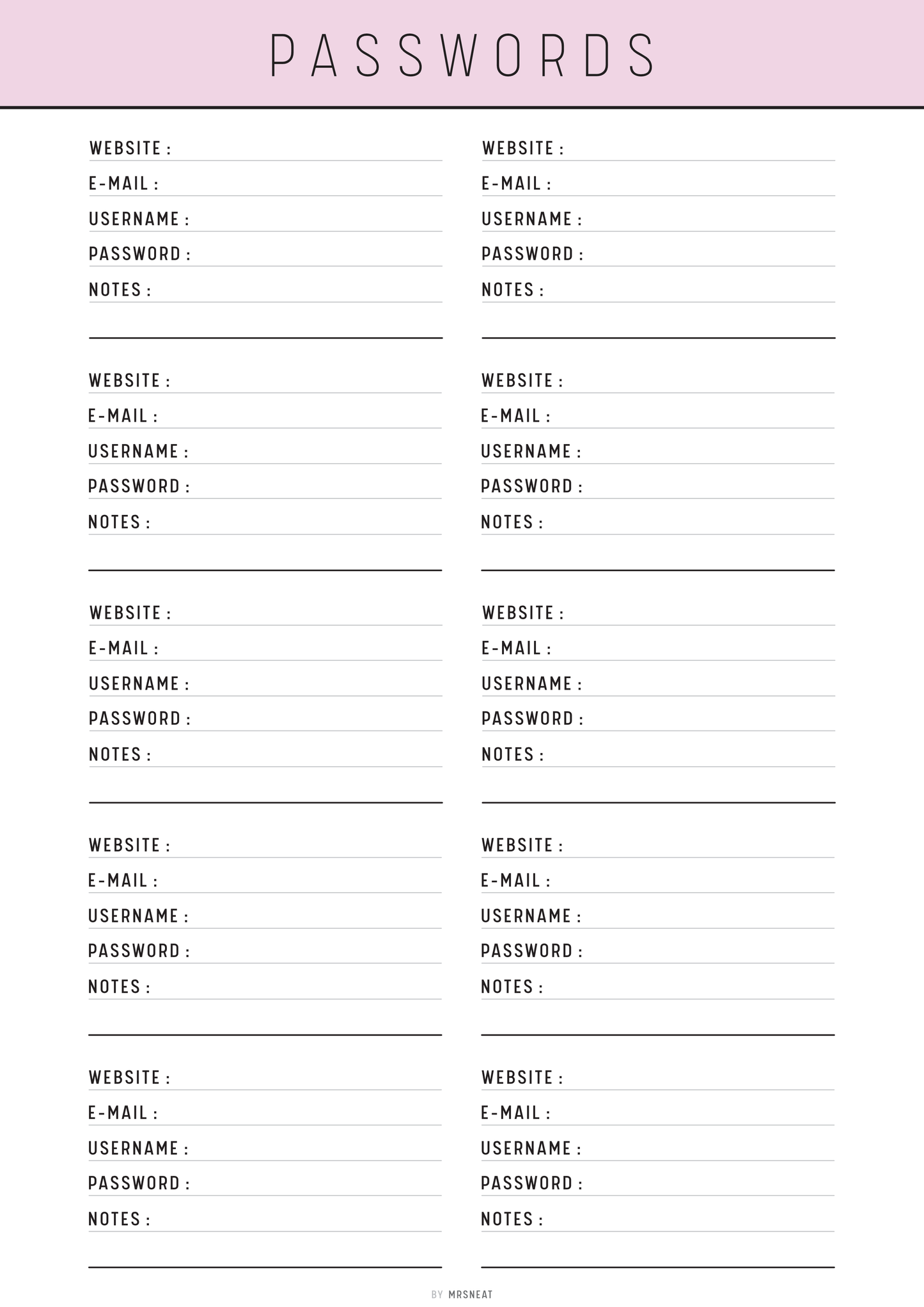 Password management sheet with columns for website, email, username, password, and notes on a pink background.