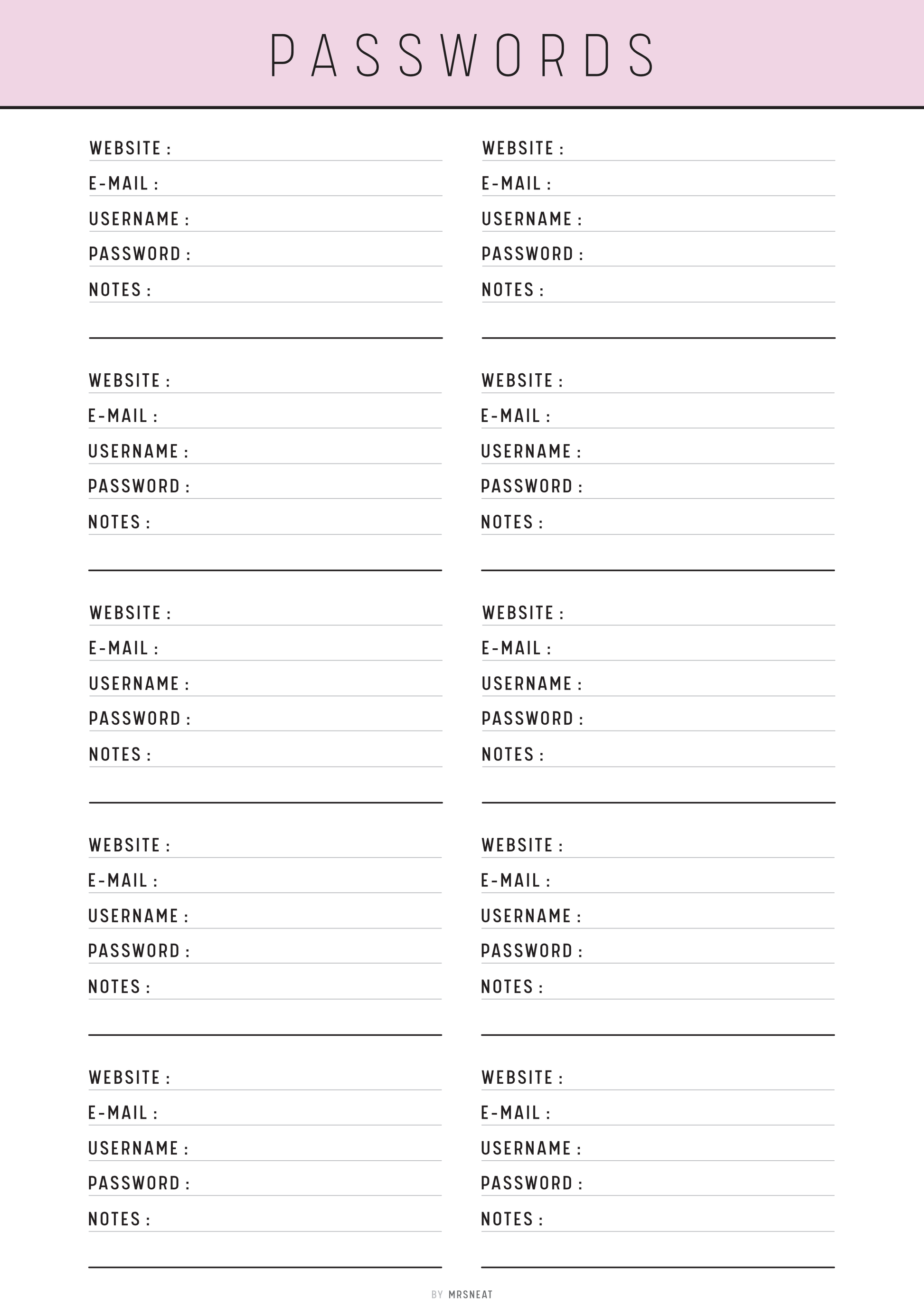 Password management sheet with columns for website, email, username, password, and notes on a pink background.