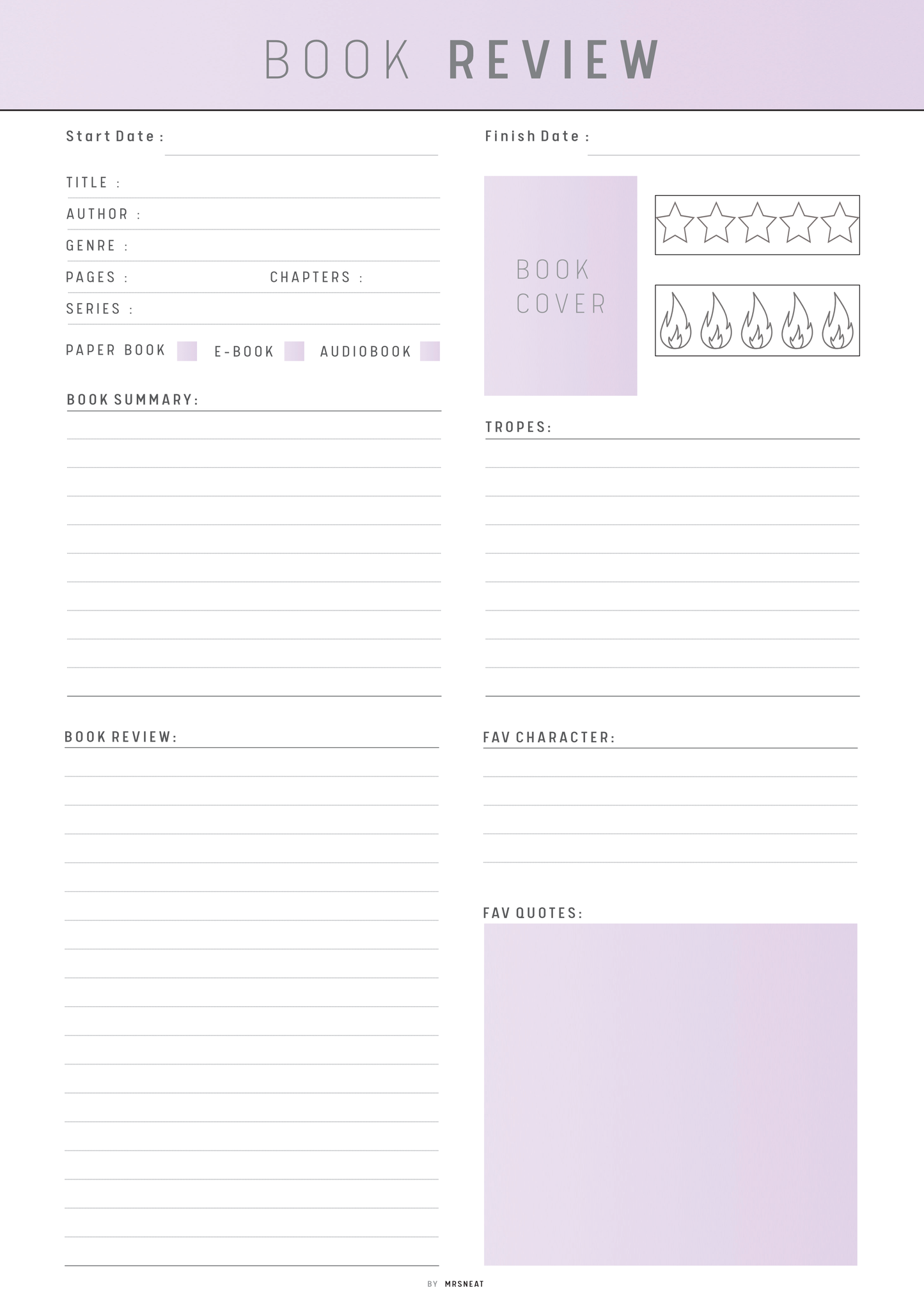 Book review form with fields for book details and summary on a light purple background