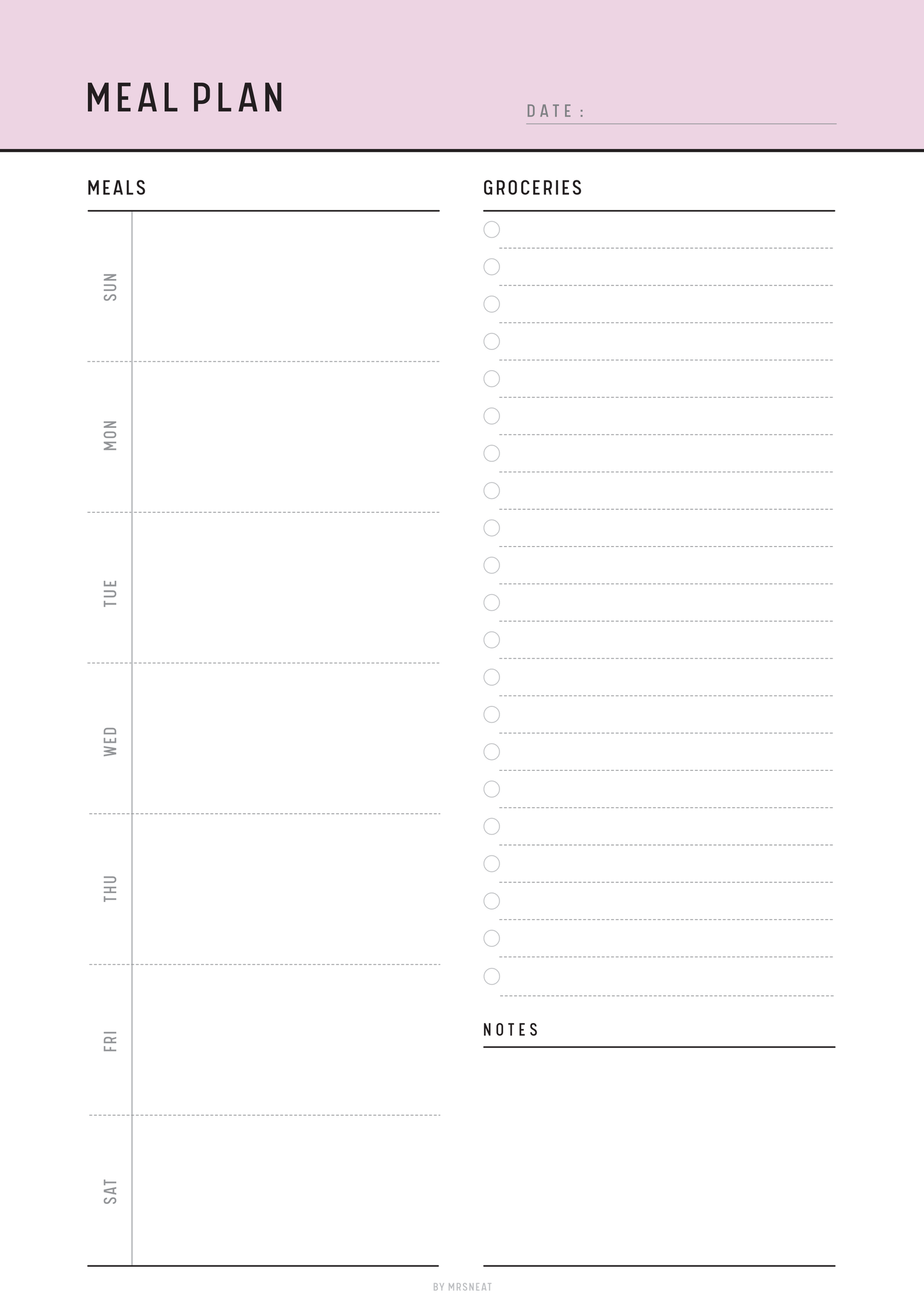 Meal plan and grocery list Sunday start template with a pink header