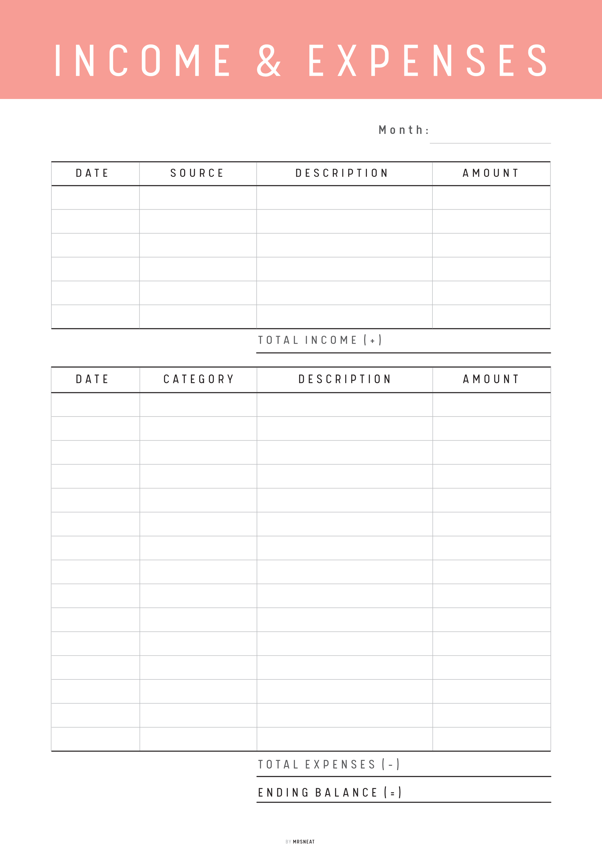 Income and expenses tracker with a pink header