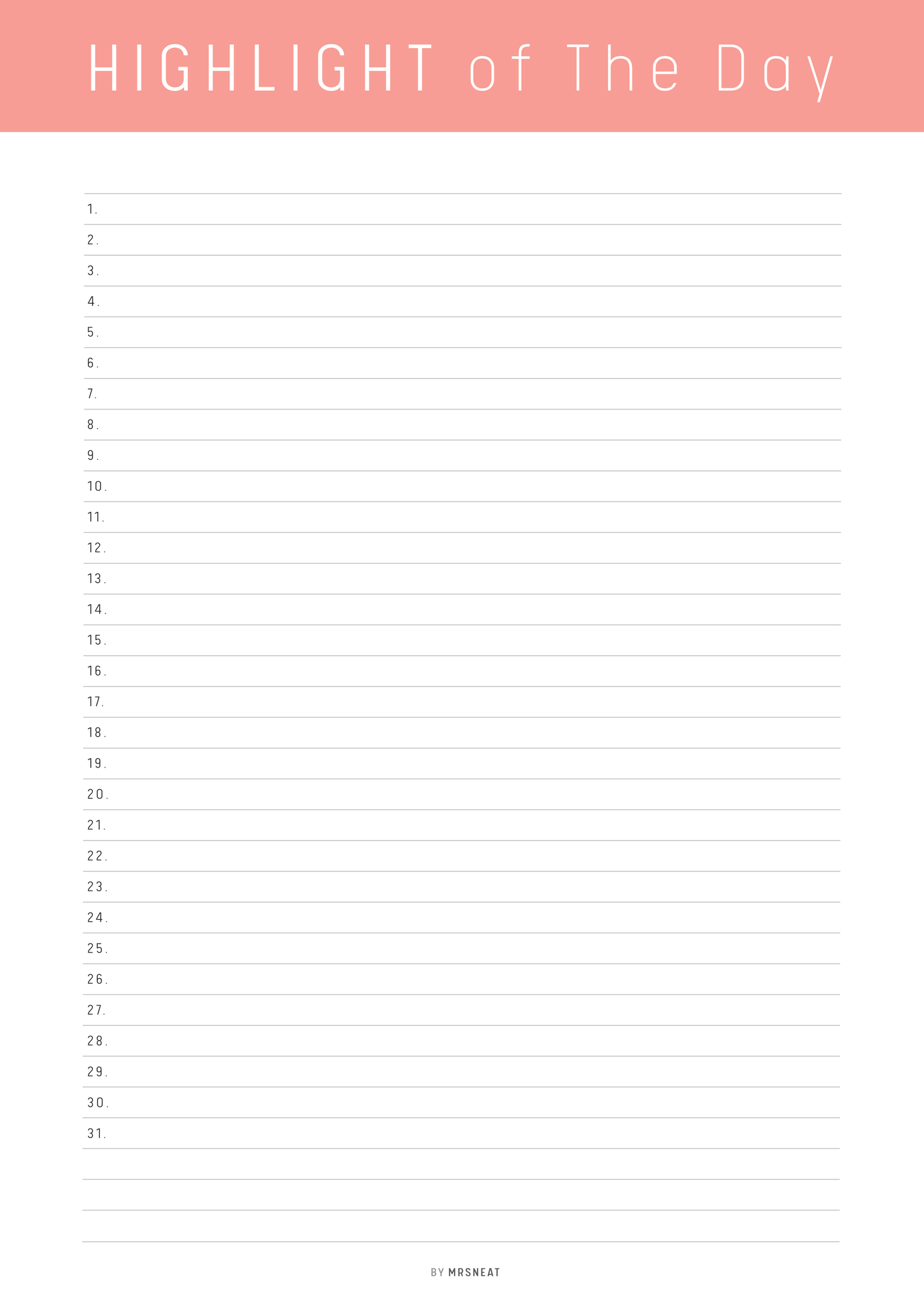 Blank checklist with numbers from 1 to 31 on a white background, titled 'Highlight of the Day' with a pink border.