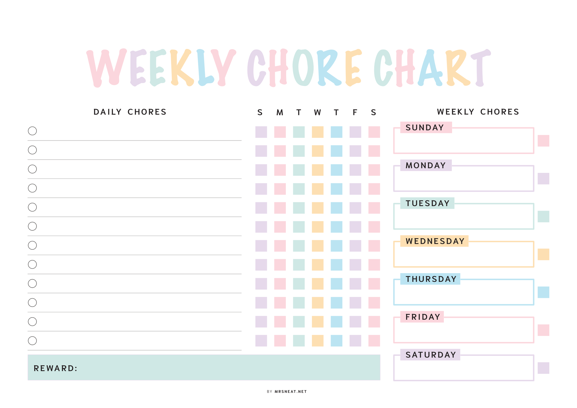 Weekly chore chart with colorful checkboxes for daily and weekly chores on a white background.