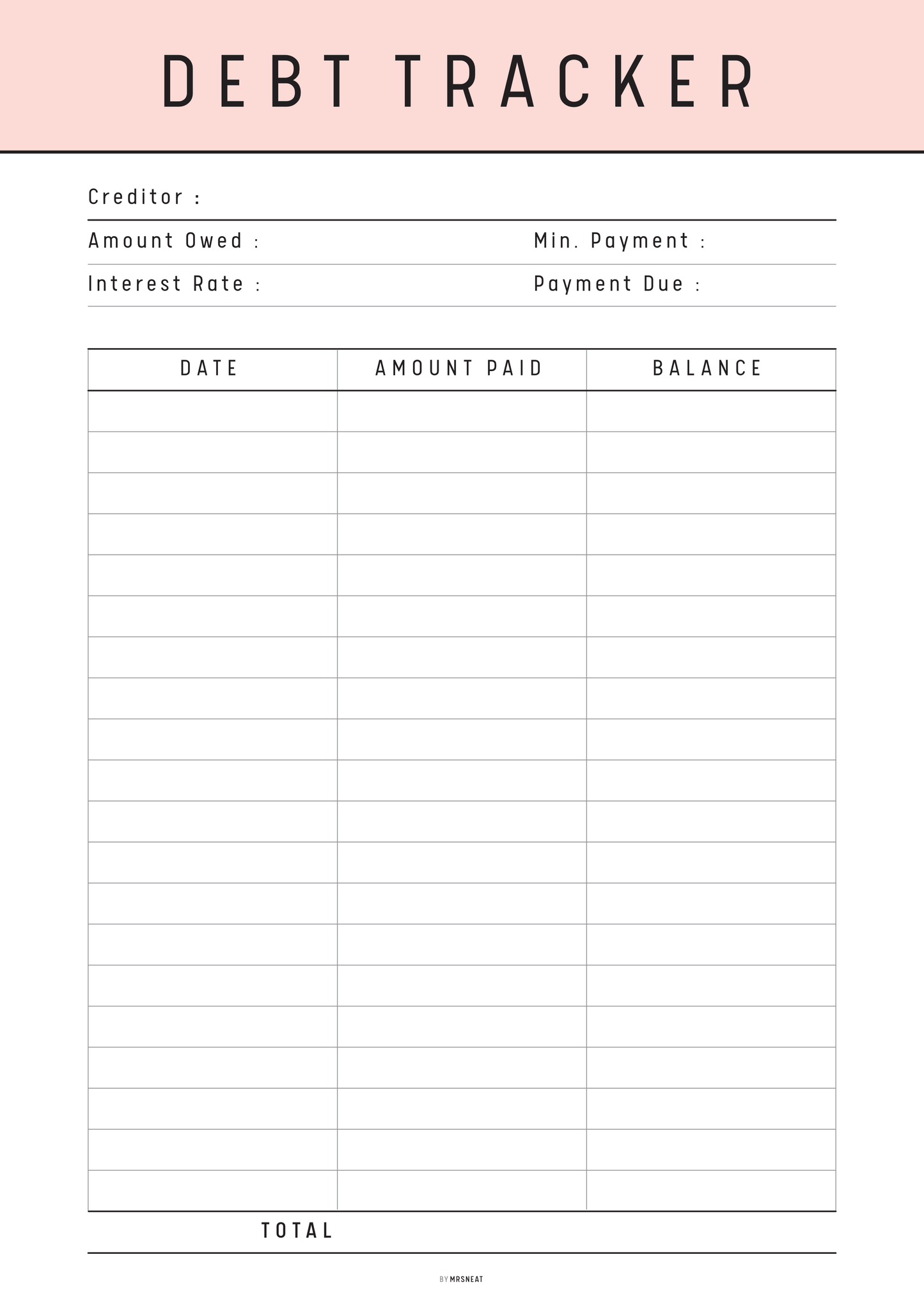 Debt tracker sheet with columns for creditor, amount owed, interest rate, min. payment, payment due, date, amount paid, and balance.