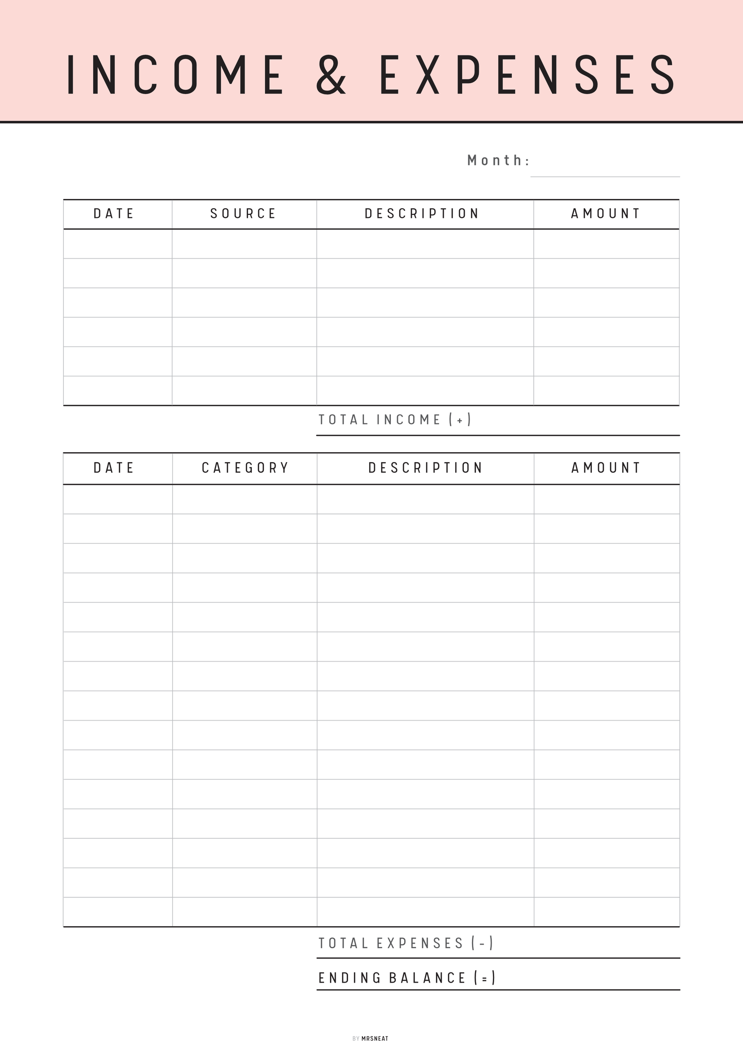 Income and expenses tracker with a pink header