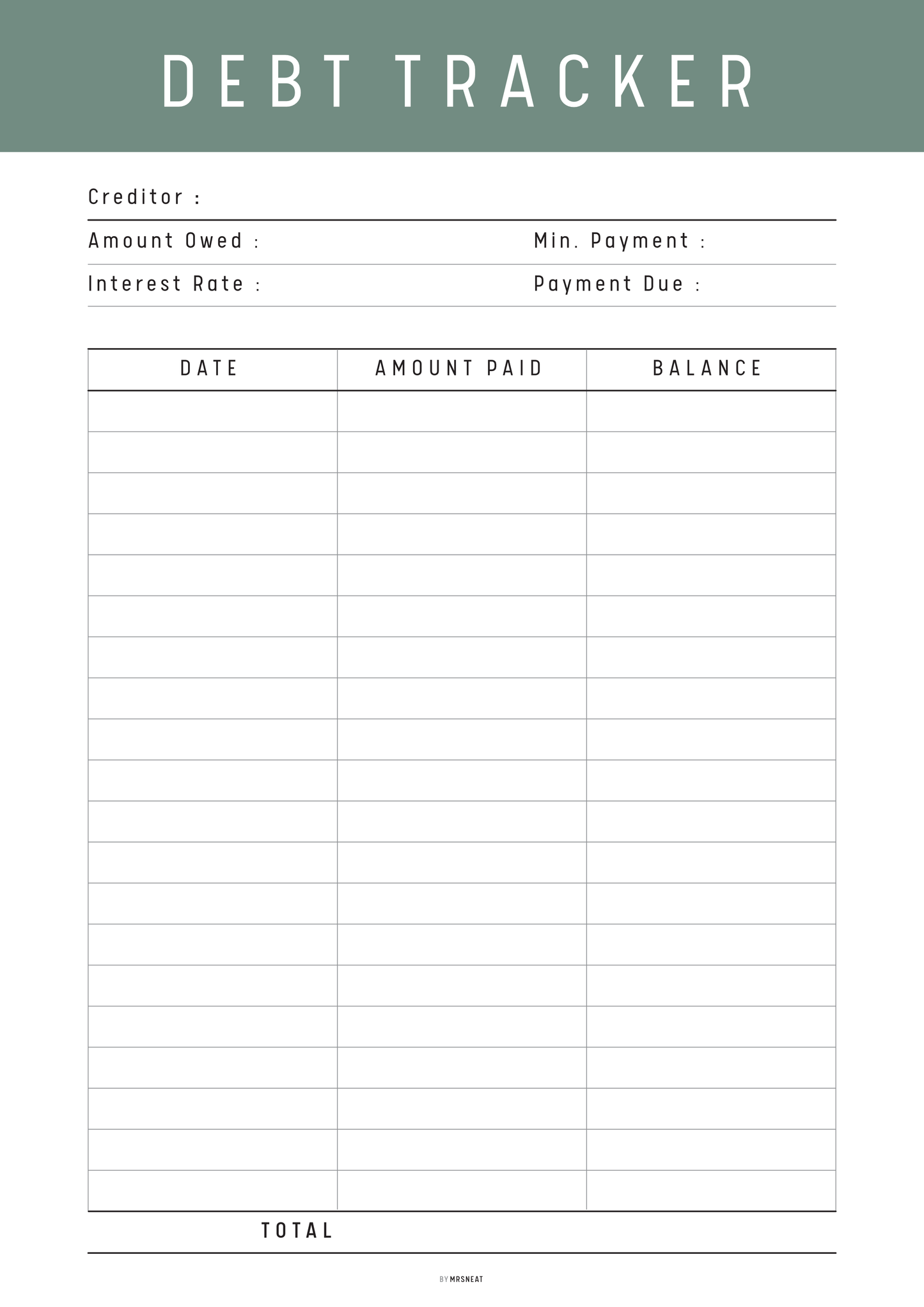 Debt tracker sheet with columns for creditor, amount owed, interest rate, min. payment, payment due, date, amount paid, and balance.