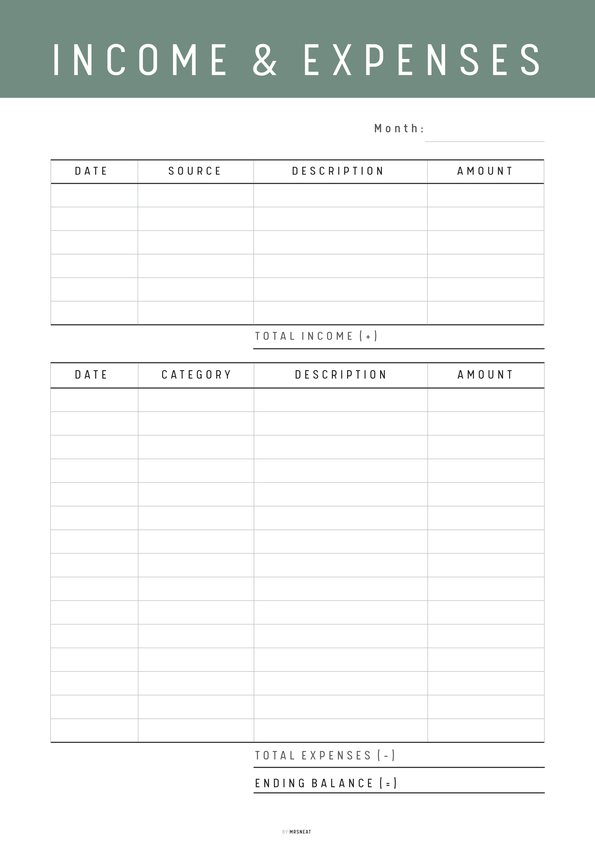 Income and expenses tracker form with columns for date, source, description, and amount.