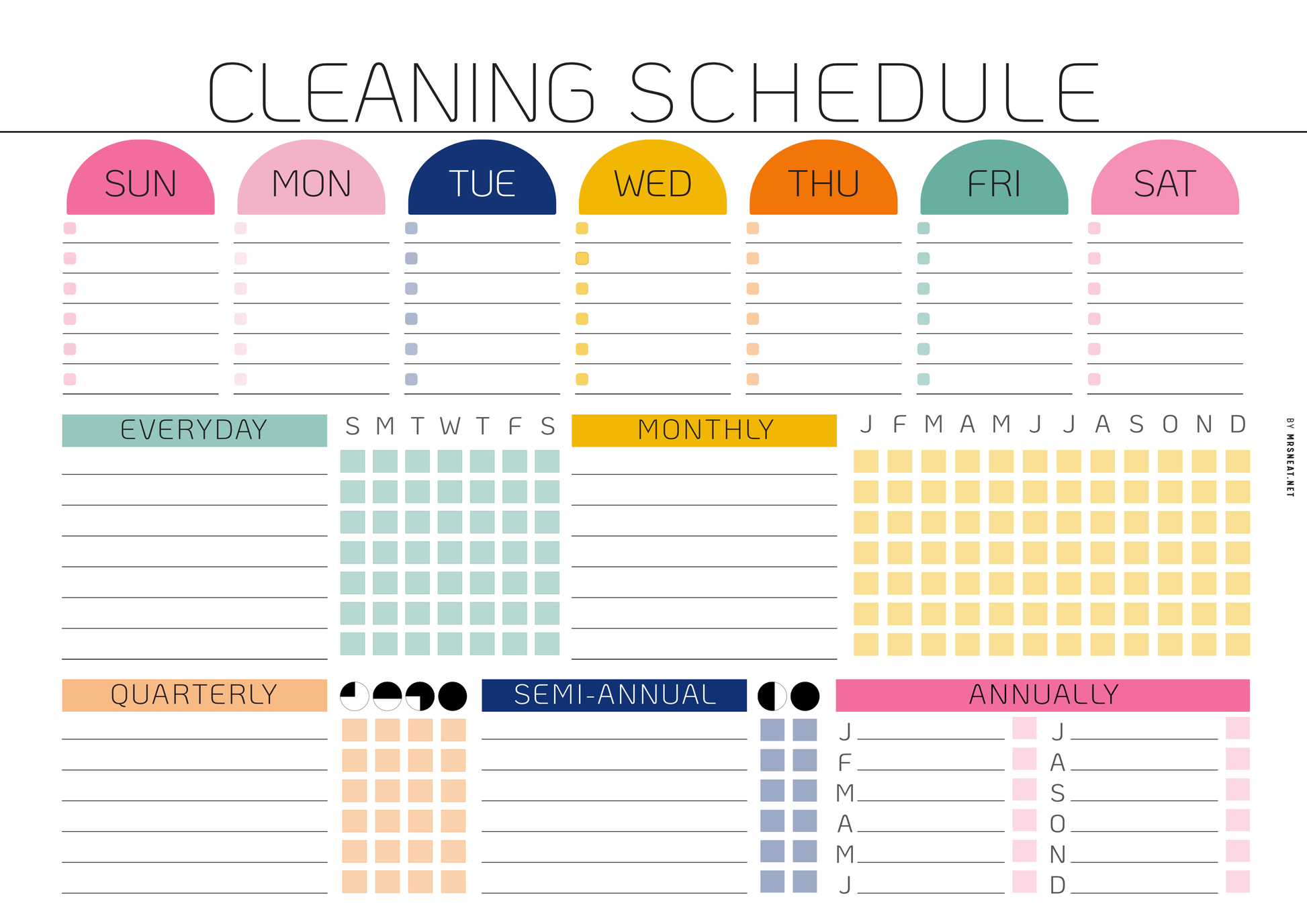 Cleaning schedule with colorful labels for days of the week and frequency categories.
