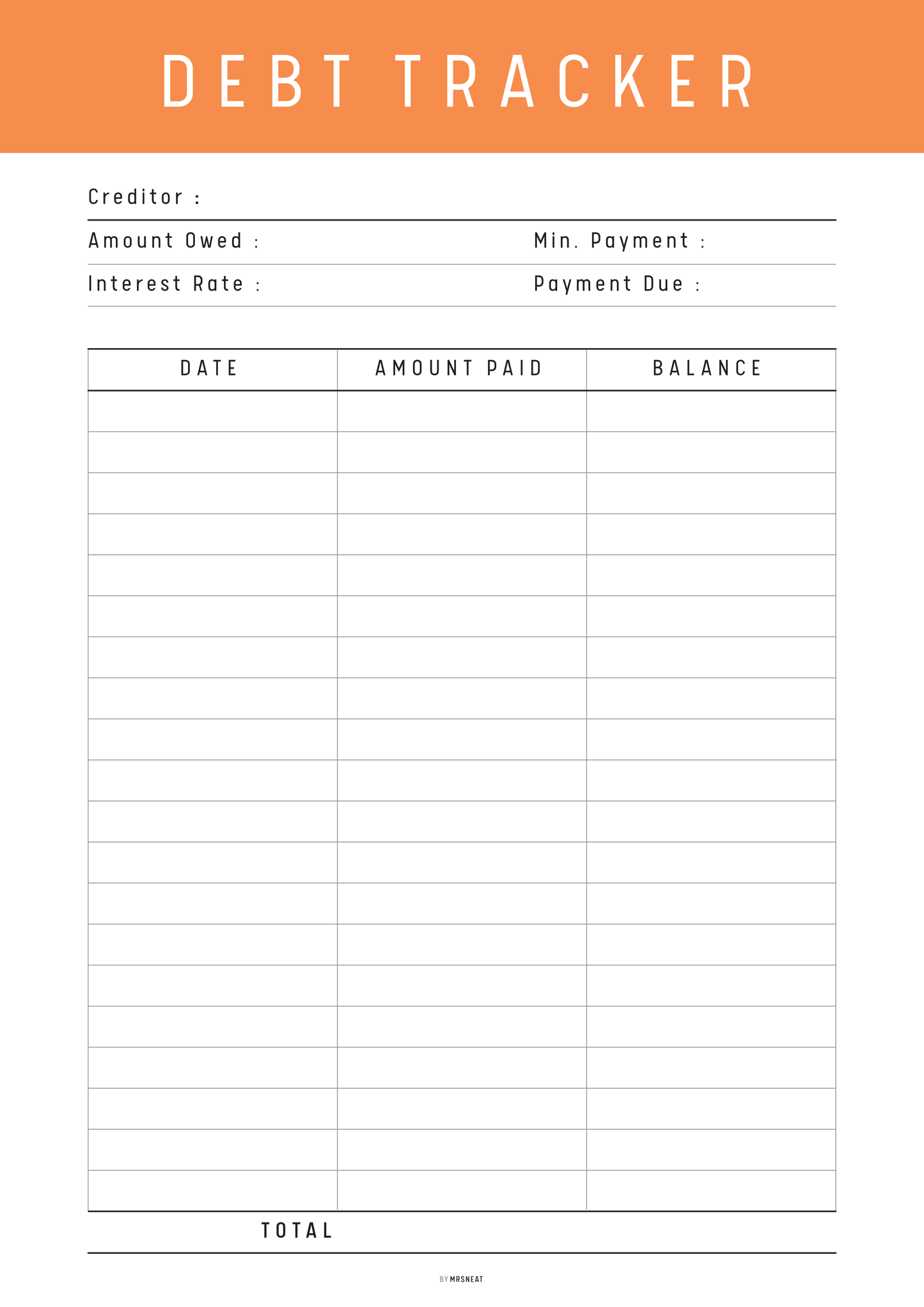 Debt tracker sheet with columns for creditor, amount owed, interest rate, minimum payment, payment due, date, amount paid, and balance.