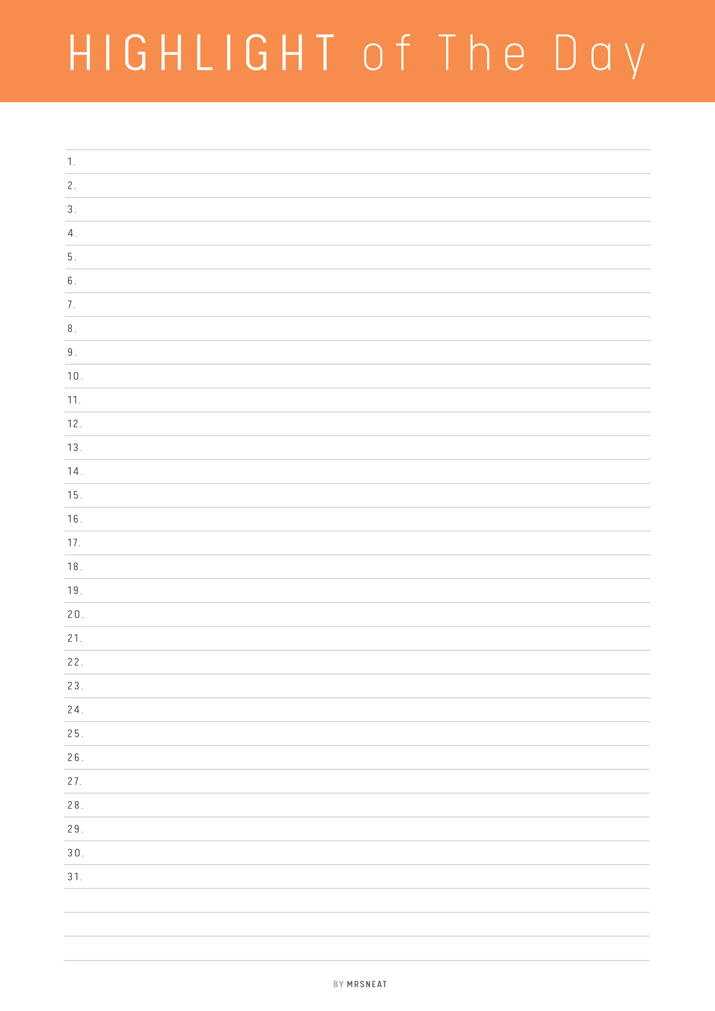 Blank list with numbers from 1 to 31 on a white background, titled 'Highlight of the Day'.