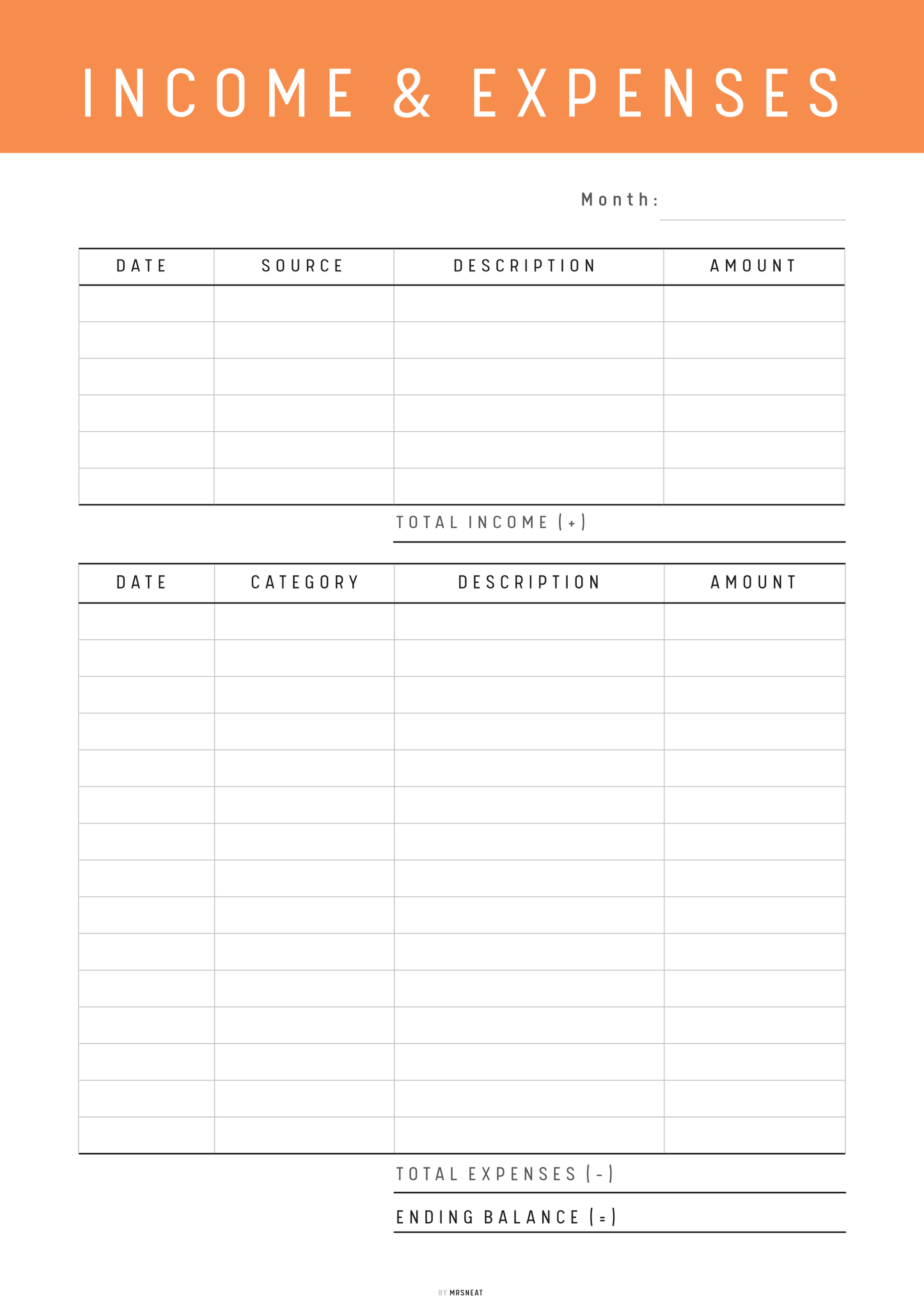 Income and expenses tracker with orange header