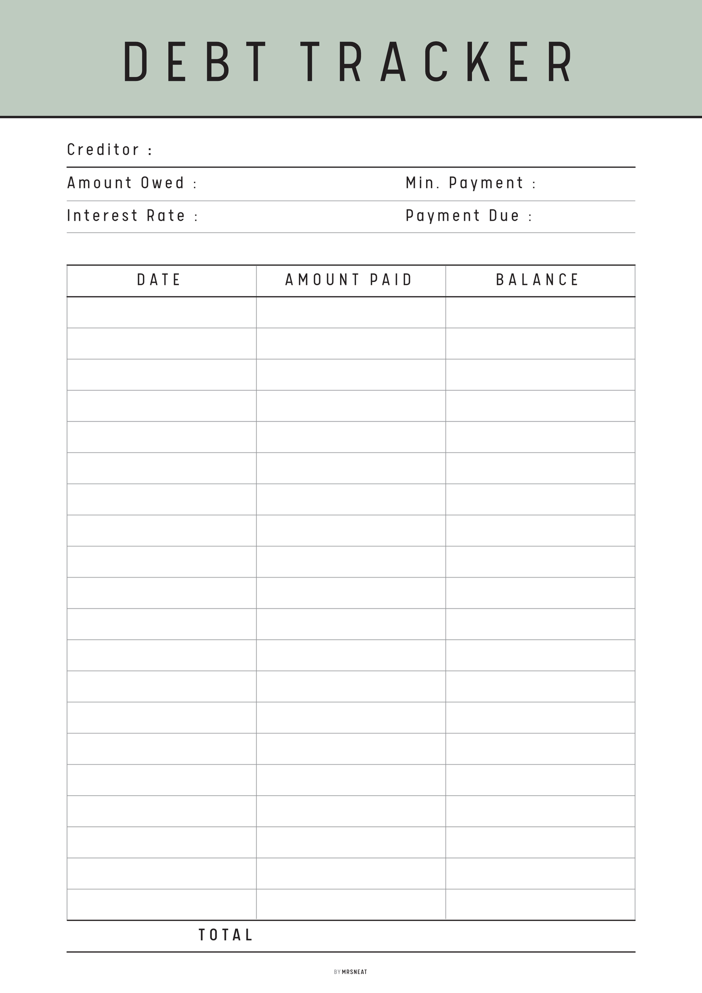 Debt tracker sheet with columns for creditor, amount owed, min. payment, etc.