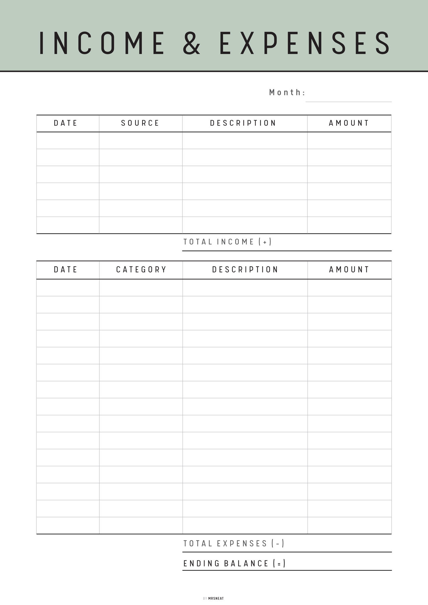 Income and expenses tracker with columns for date, source, description, and amount.