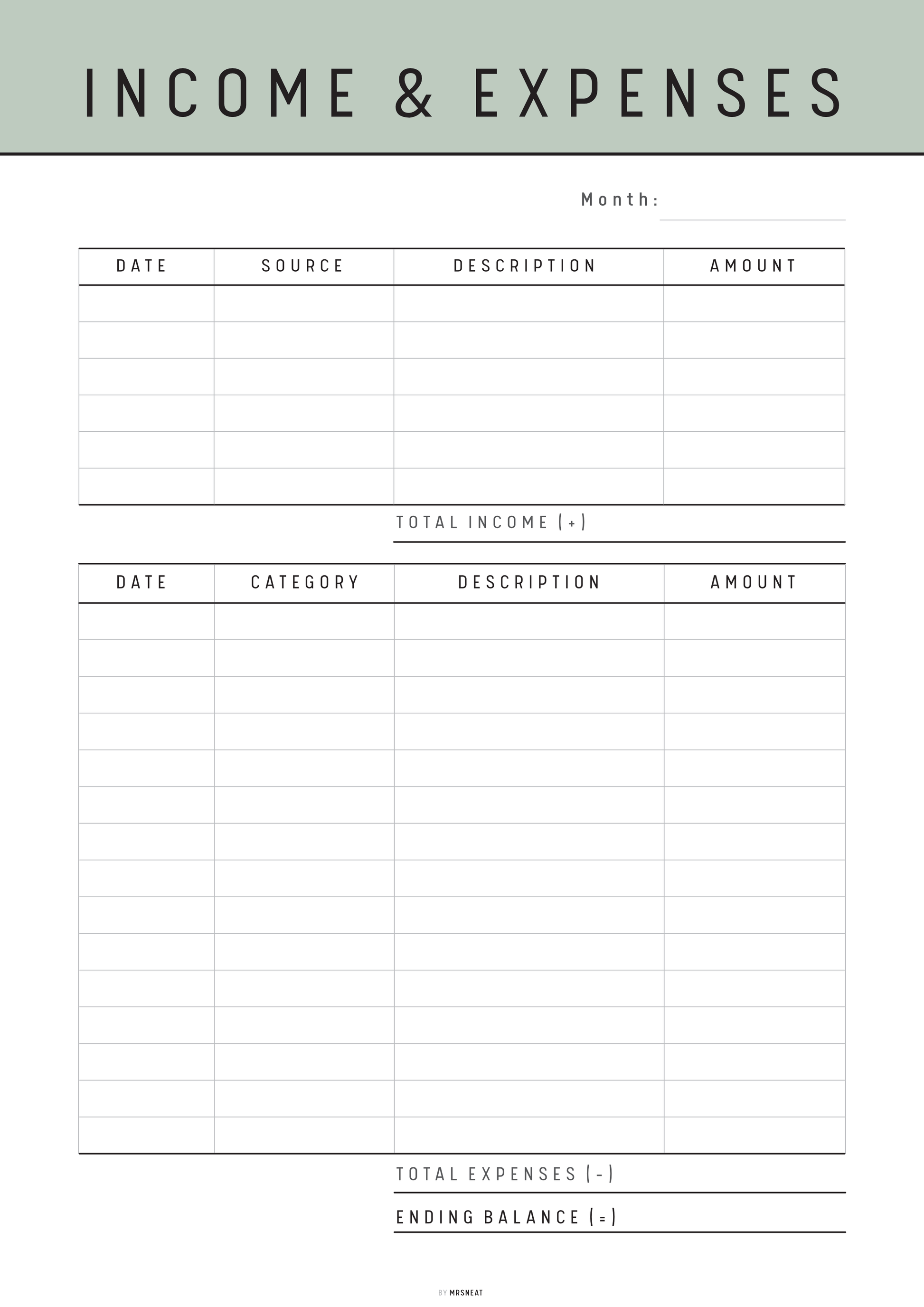 Income and expenses tracker with columns for date, source, description, and amount.