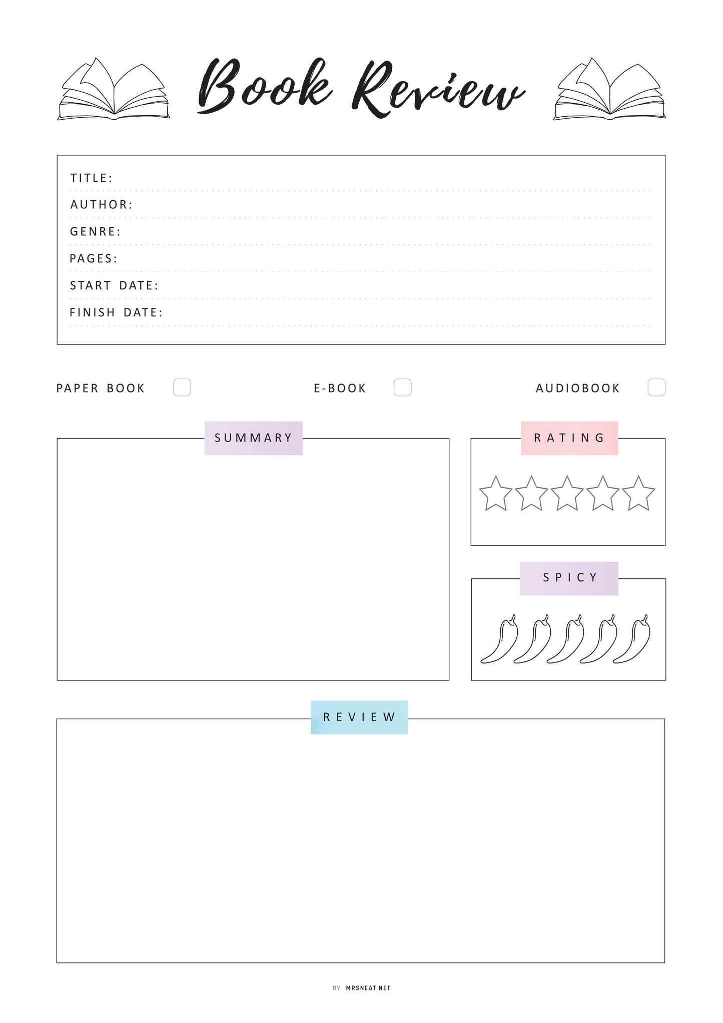 Book Review Template PRINTABLE, Book Review Journal, Book Review Page, Reading Journal Page, 4 Versions, A4, A5, Letter, Half Letter, PDF