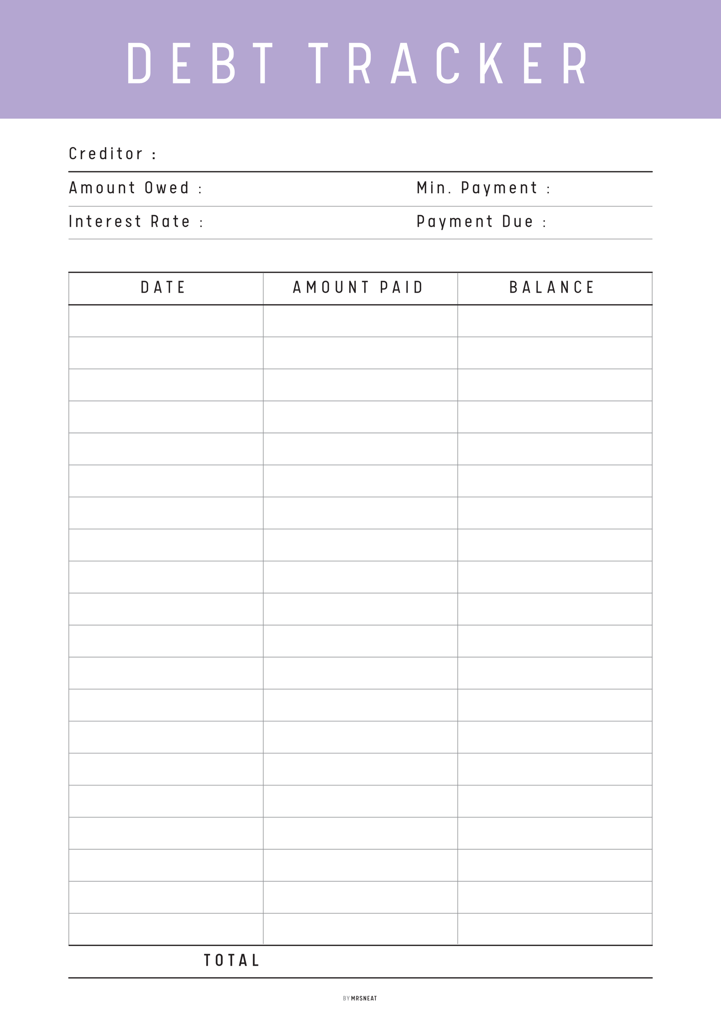Debt tracker sheet with columns for creditor, amount owed, interest rate, min. payment, payment due, date, amount paid, and balance.