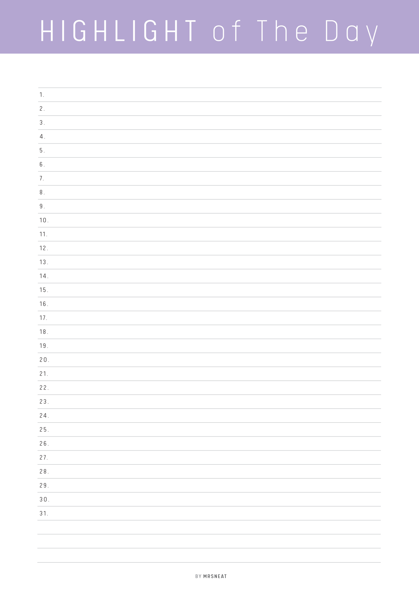 Blank list with numbers from 1 to 31 on a white background, titled 'Highlight of the Day'.
