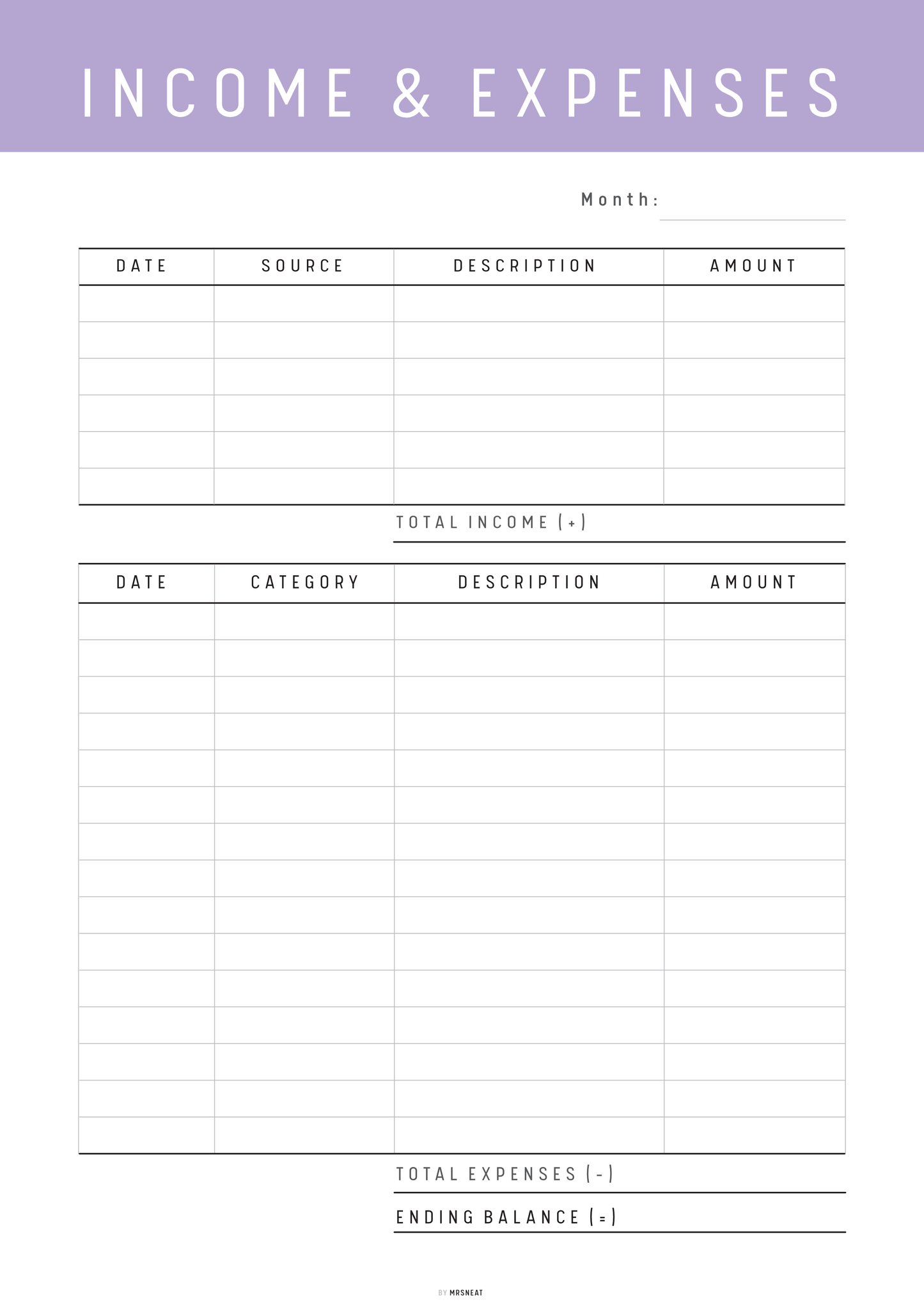 Income and expenses tracker with a purple header