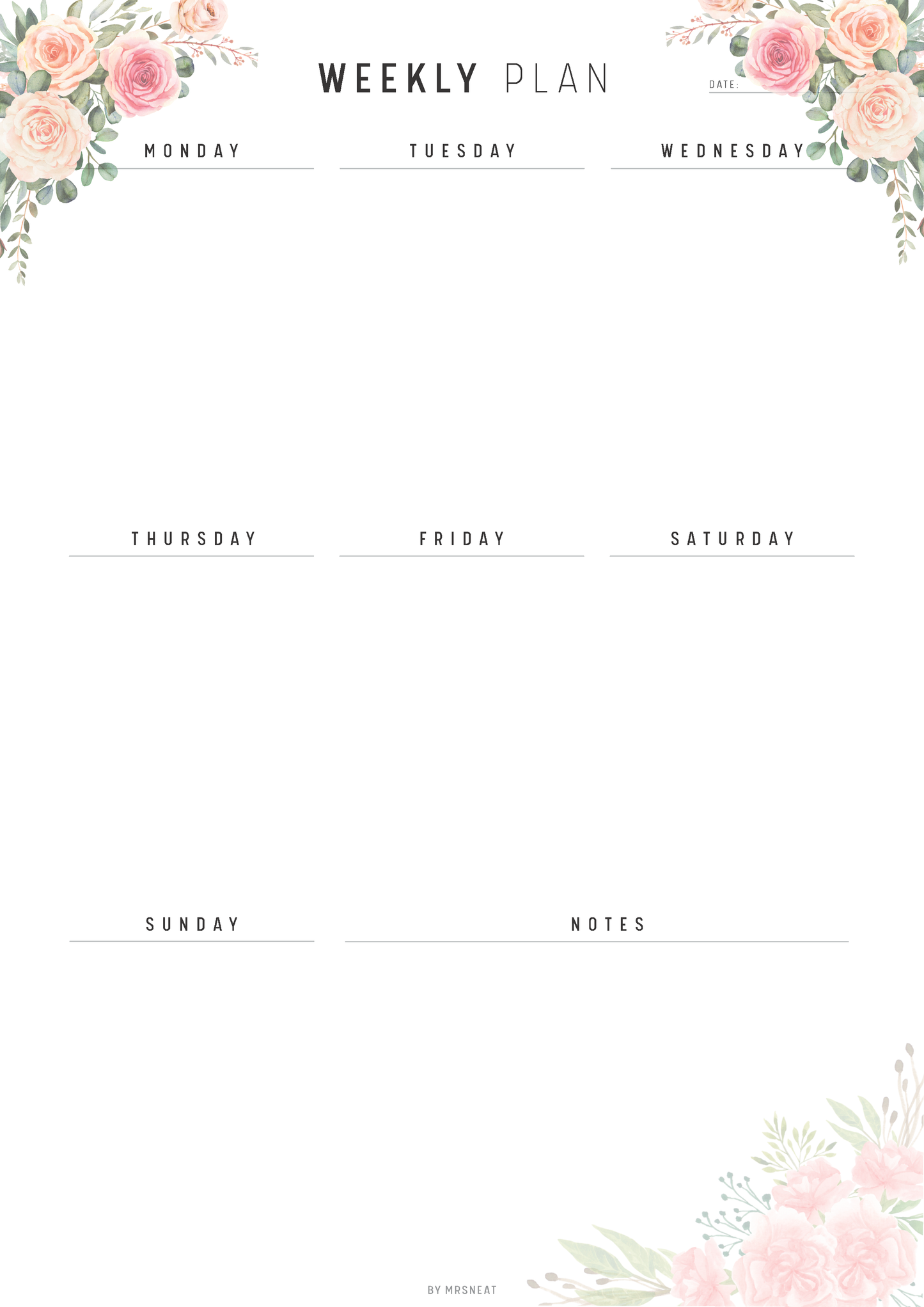 Weekly plan template with floral designs on a white background