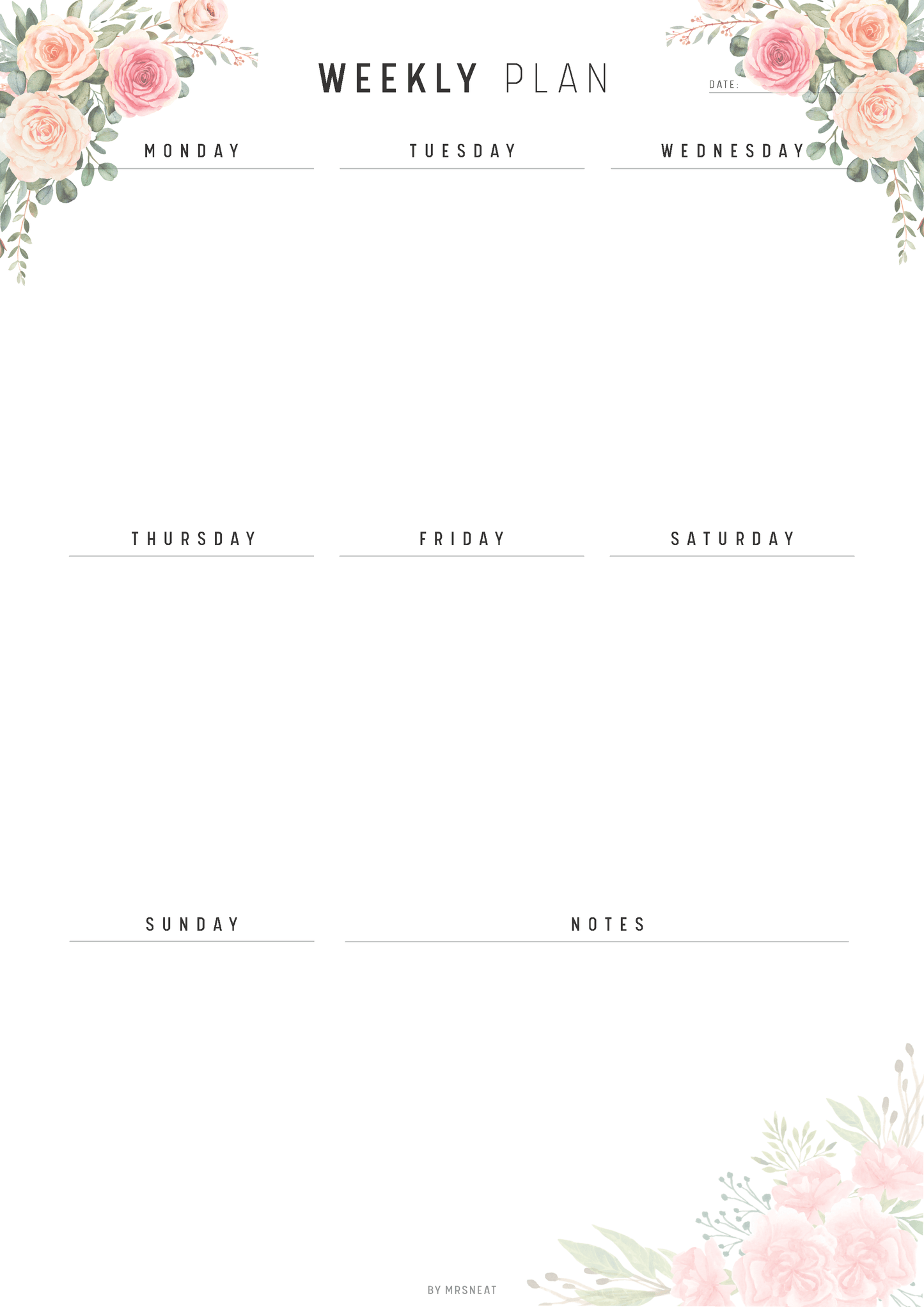 Weekly plan template with floral designs on a white background