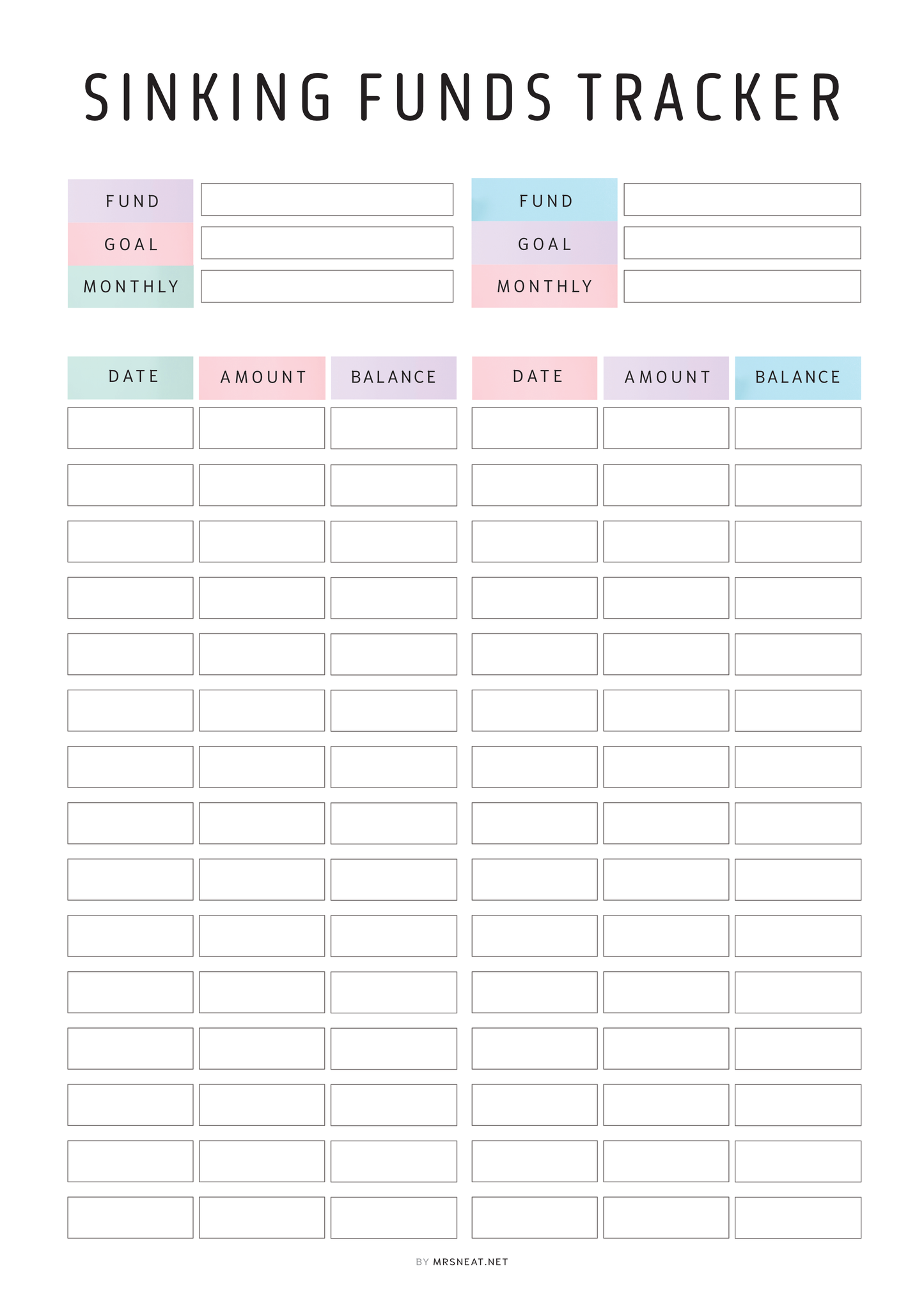 Sinking Funds Tracker with columns for fund, goal, monthly, date, amount, and balance.