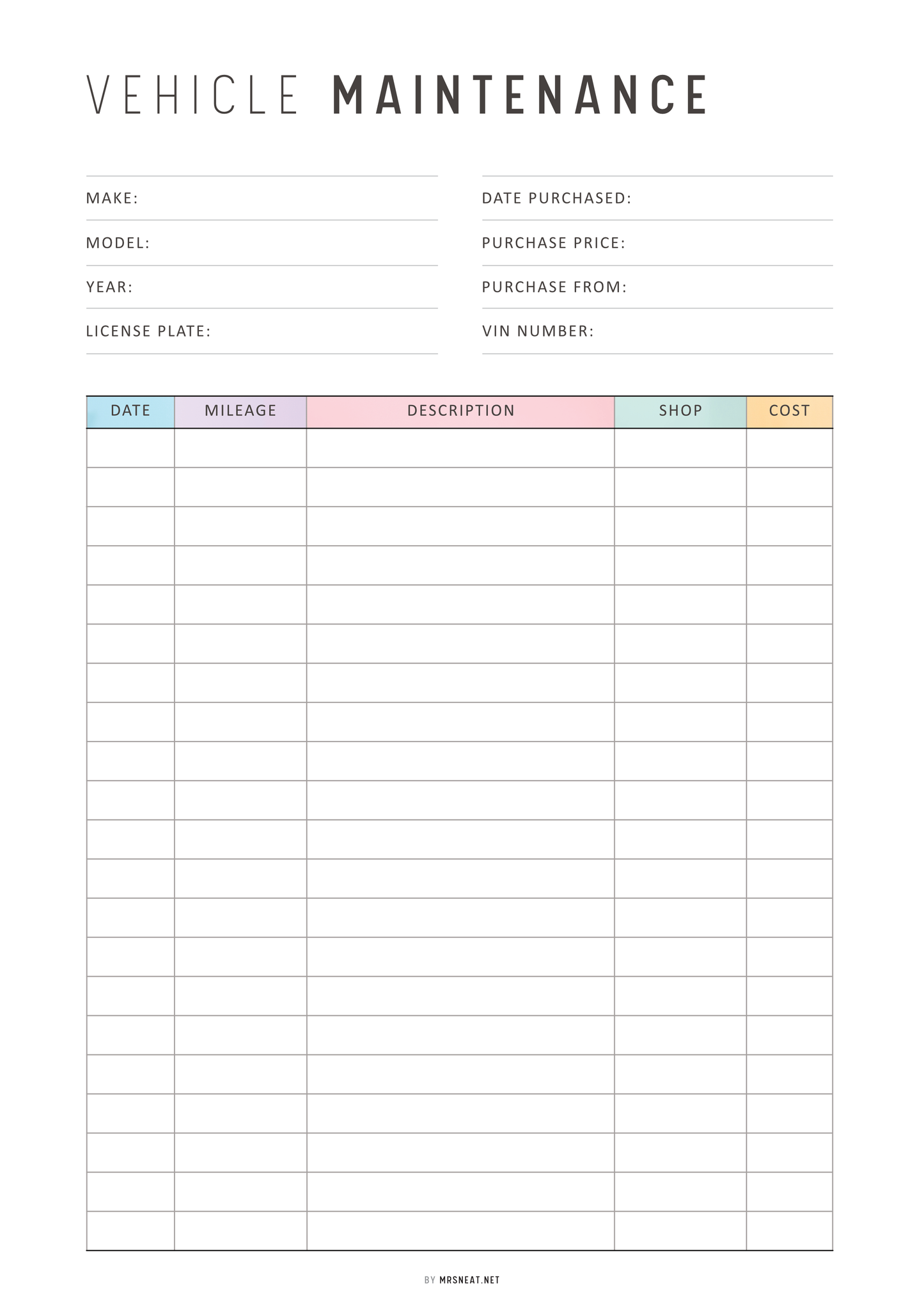 Vehicle maintenance log sheet with columns for make, model, purchase details, and maintenance entries.