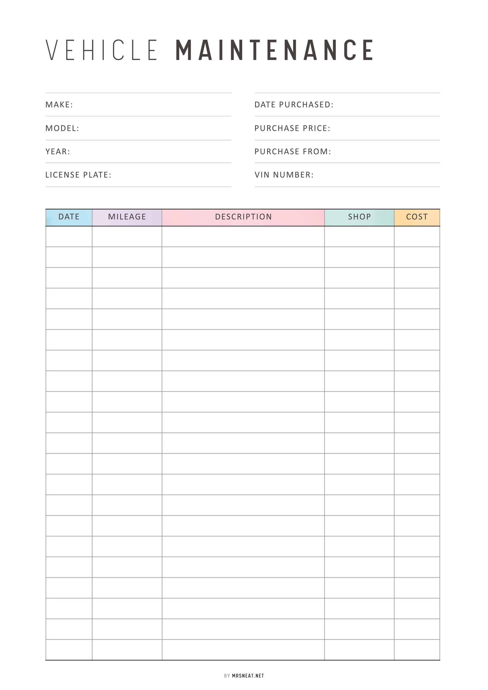 Vehicle maintenance log sheet with columns for make, model, purchase details, and maintenance entries.