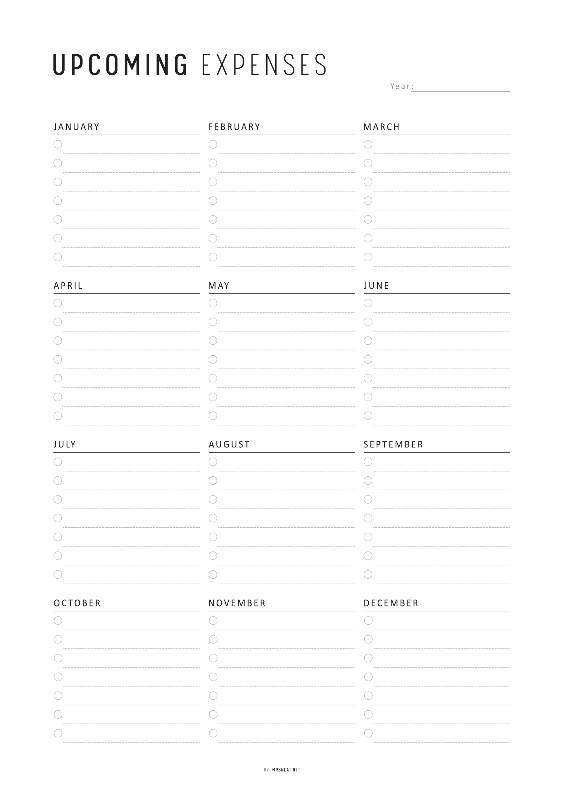 Blank expense tracker with months listed from January to December.