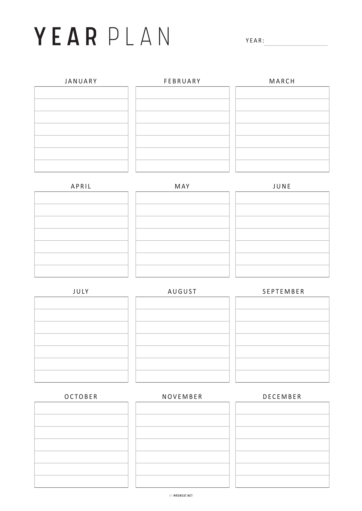 Yearly planner with months listed from January to December on a white background