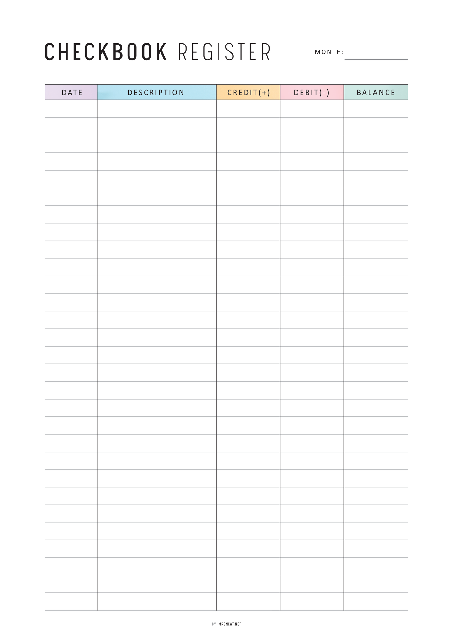 Checkbook register form with columns for date, description, credit, debit, and balance.
