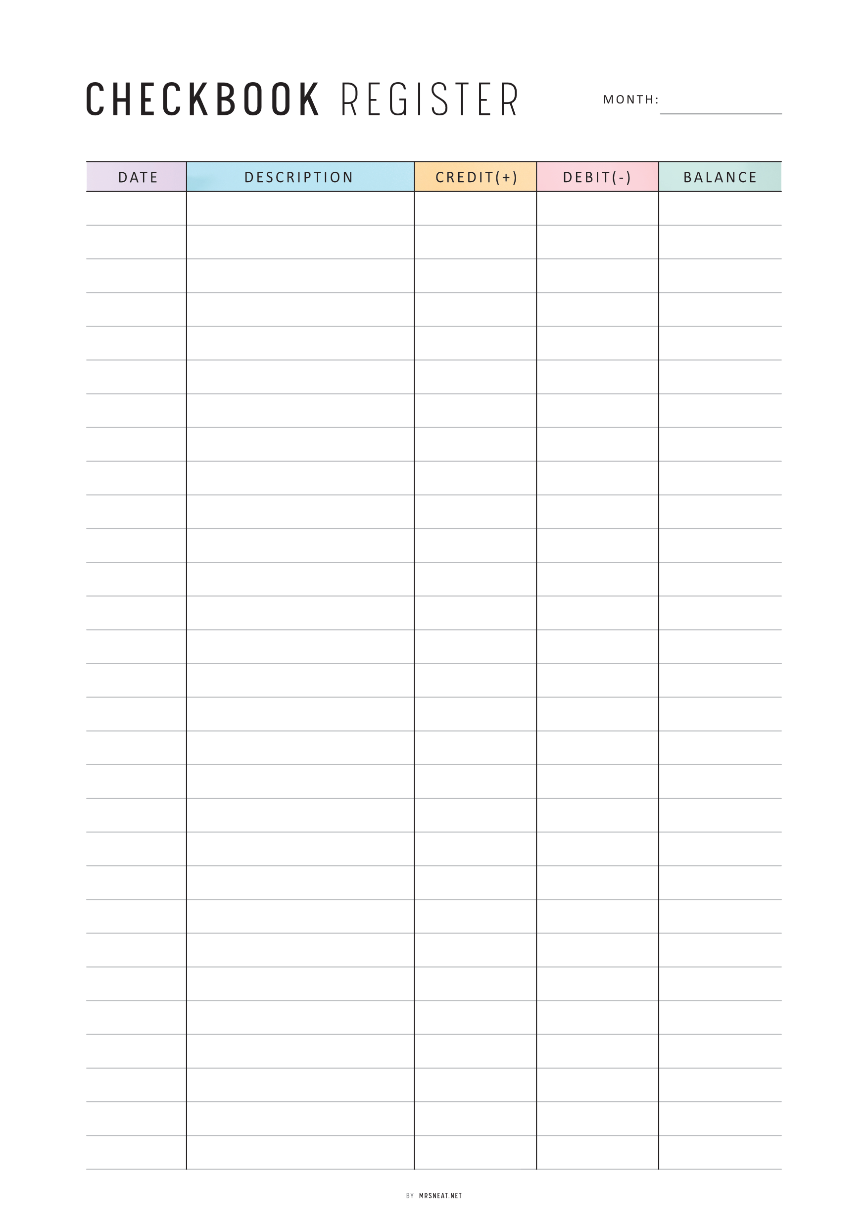 Checkbook register form with columns for date, description, credit, debit, and balance.