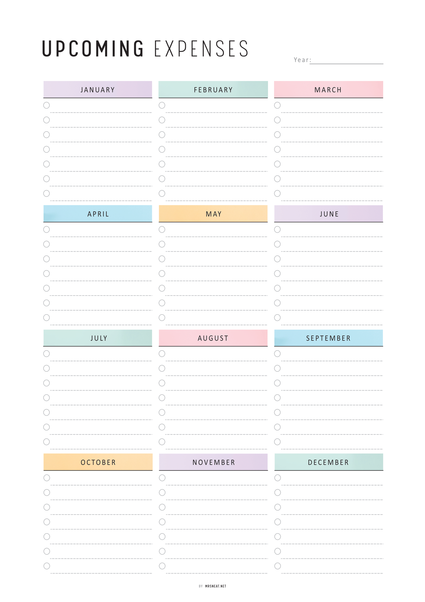 Upcoming expenses tracker with pastel-colored labels for each month on a white background.