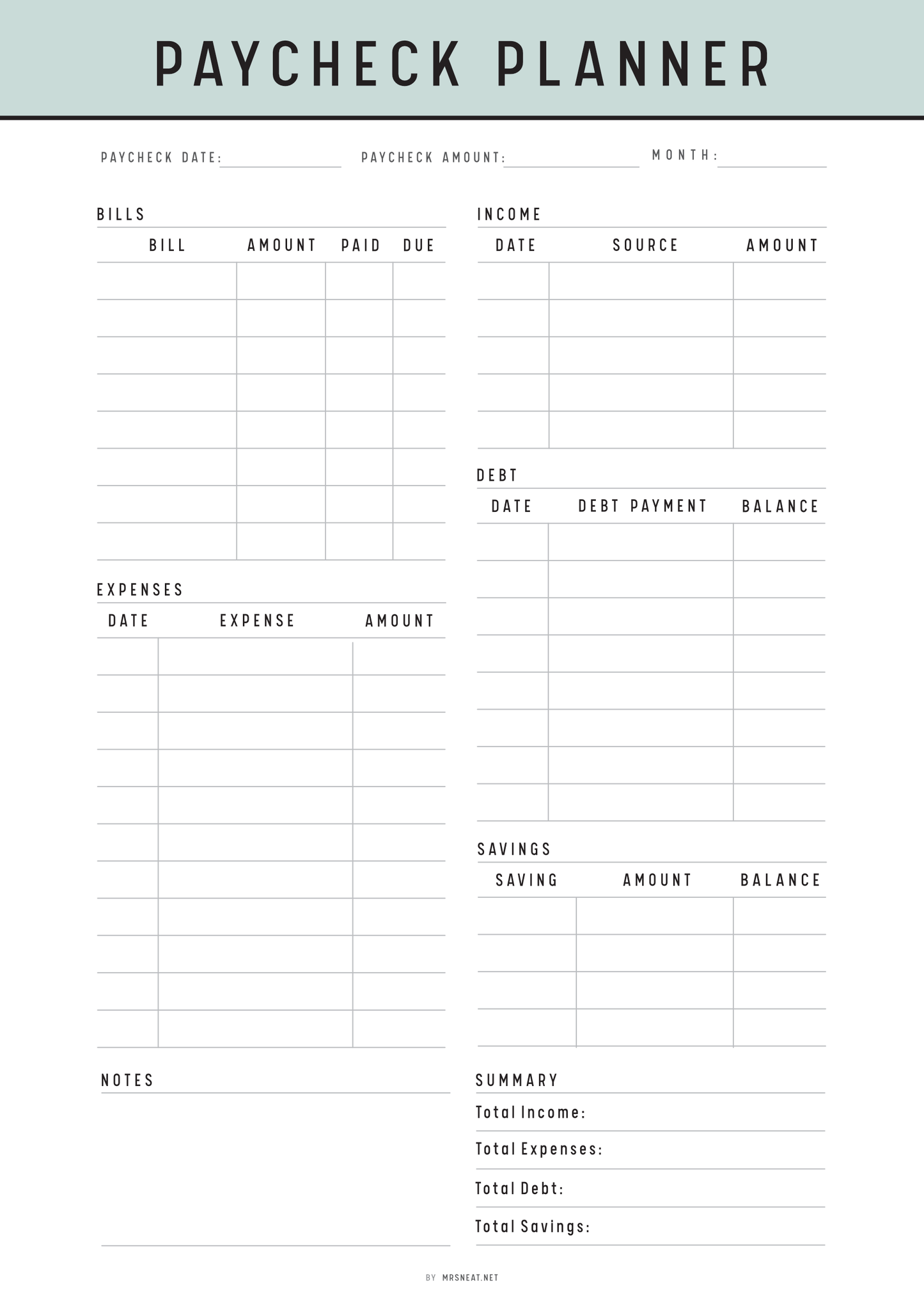 A5 Paycheck planner with columns for paycheck date, amount, income, bills, debt, expenses, savings, and notes.