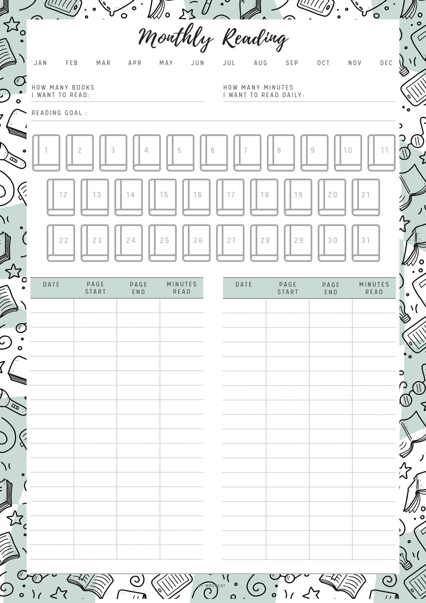 Reading planner with monthly reading goals and tracking sections on a light gray background.