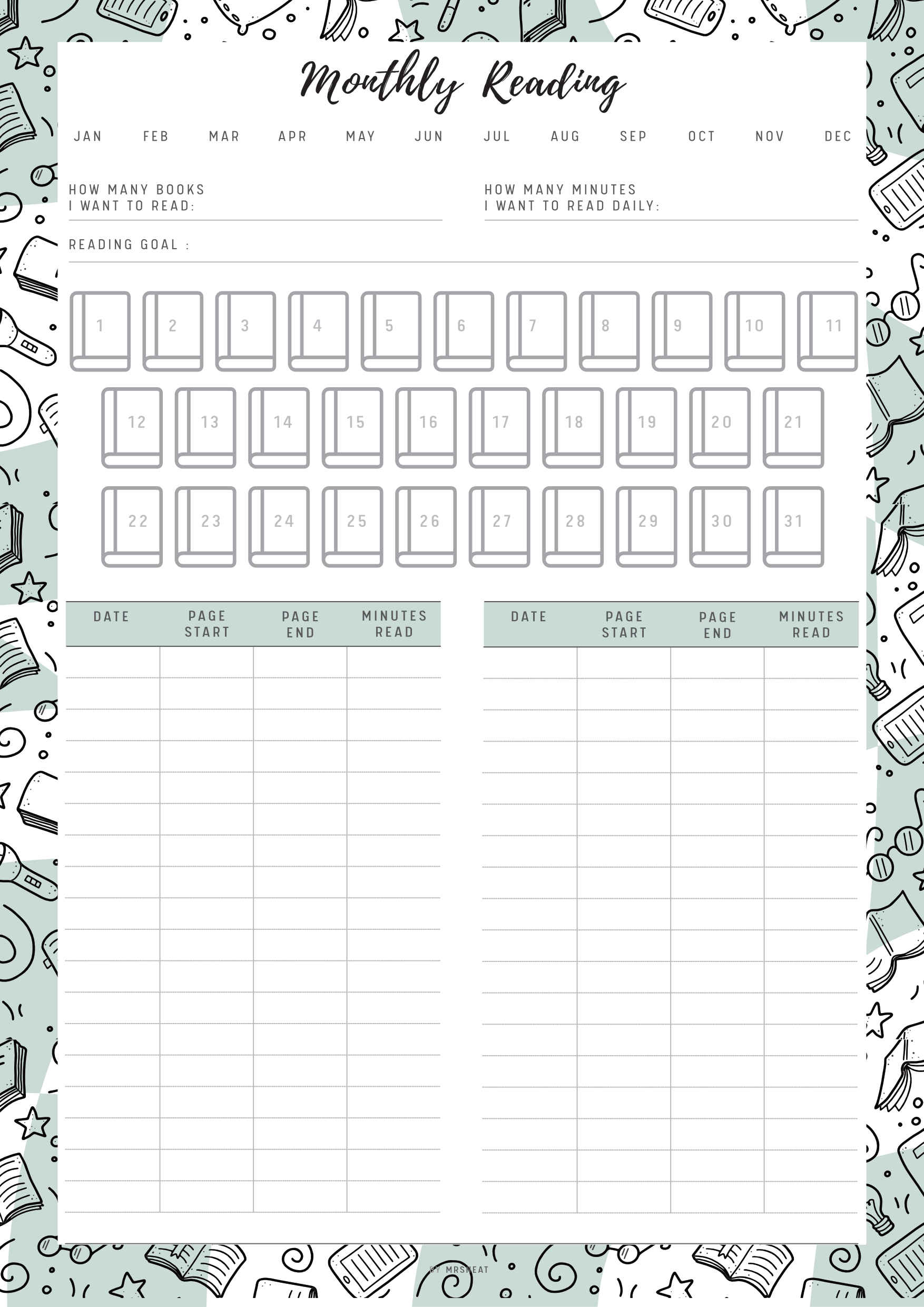 Reading planner with monthly reading goals and tracking sections on a light gray background.